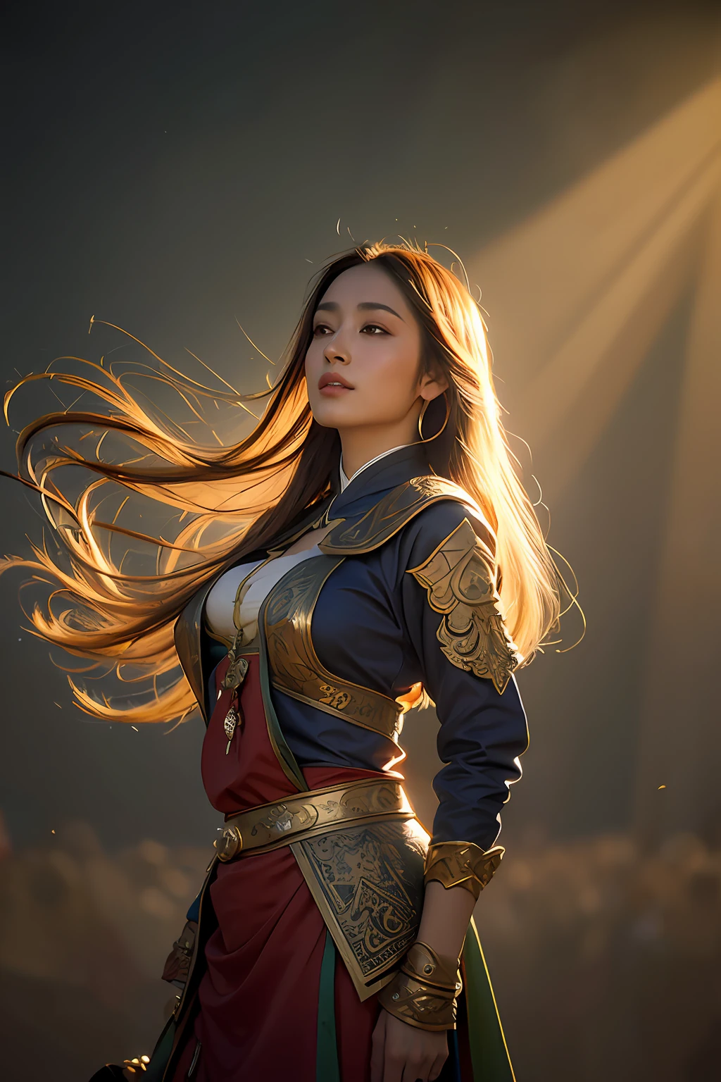 1girl, Dunhuang Flying Apsaras costume, messy long hair, Ji Jian, Dunhuang style, a lot of smoke, superb, elegant colors, (realistic, high detail, masterpiece, super detailed, dynamic angle, mural background, ink wash, amazing, movie lighting, illustration, chiaroscuro, backlighting, god rays, holland, best quality, best quality