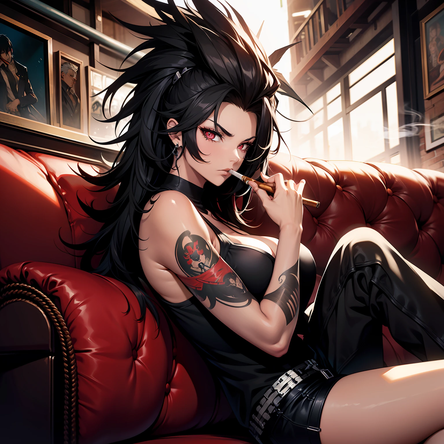 woman, shoprt hair, mohawk, black hair, tattoo body, Lying on a couch, red eyes,smoking cigar,, tired expression, em um deposito abandonadoangulo de camera para cima, 4k