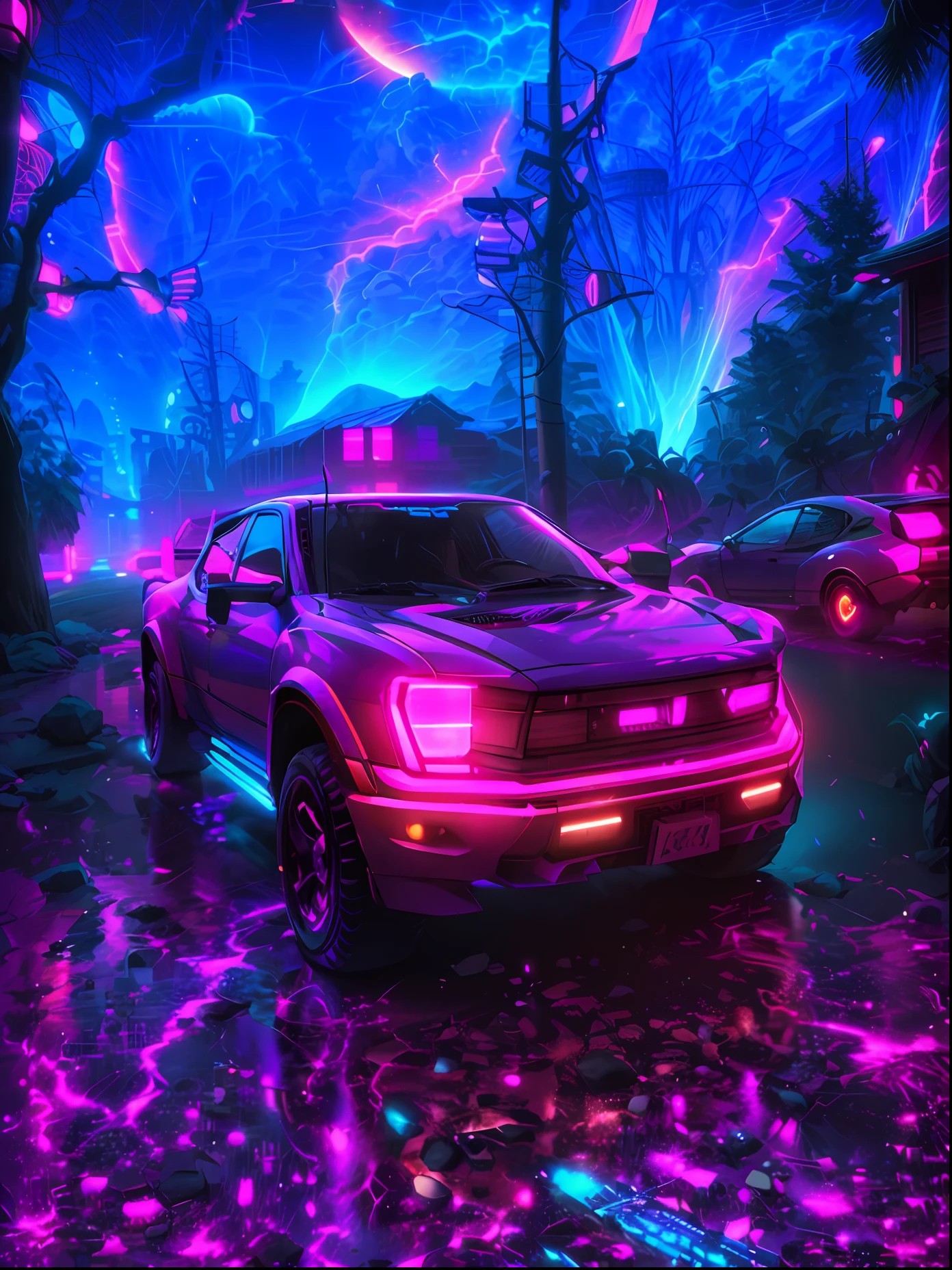 retrowave。城市, wide body kit, pathway, PURPLE NEON MONITOR LIGHT, suns, mont,
(tmasterpiece,A detailed,A high resolution),