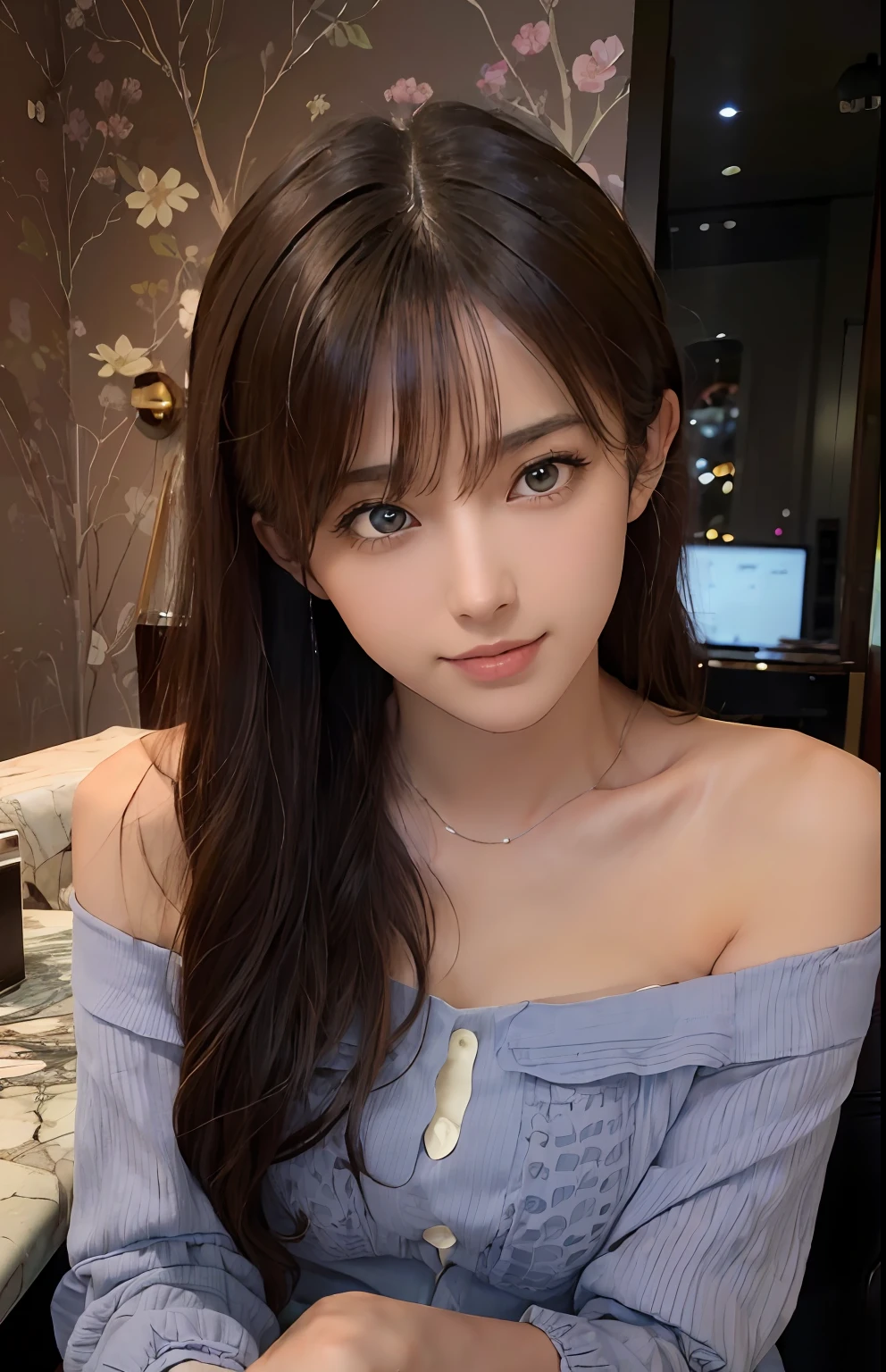 (Ultra Real), (Illustration), (High Resolution), (8K), (Very Detailed), (Best Illustration), (Beautiful and Detailed Eyes), (Best Quality), (Ultra Detailed), (Masterpiece), (Wallpaper), (Detailed Face), Solo, One Girl, Full Body, Staring Viewer, Fine Eyes and Mouth, Detailed Face, Bar Counter, In the Dark, Low Key, pureerosfaceace_v1, Smile, Long Hair, Dark blonde straight hair, bangs, sitting in a chair, beautiful teeth, blushing cheeks, fascinated look, complex off-shoulder clothes,