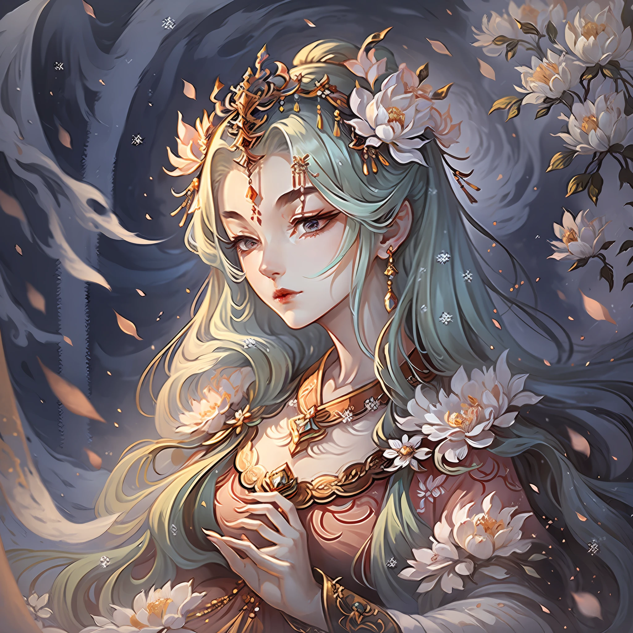 high high quality,tmasterpiece,Delicate facial features,Delicate hair,Delicate eyes,Ancient Style Girl,softlighting,High Picture Quality,volumettic light,peach blossom,Peach blossom background,ancient wind,Long black hair,Silver hairpin,Luxurious tiara,Red costume,Gentle sweet girl,In heavy snow,snow covered,Antique atmosphere,ellegance,floated hair,pastel colour,highly detailed soft lighting,8k high quality detailed art Chinese costume, with acient chinese clothes, Traditional beauty, Chinese style(faeries)(Delicate facial portrayal)(Fine hair portrayal)(highest quality)(Master masterpieces)(High degree of completion)(a sense of atmosphere)8k wallpaper,tmasterpiece,Best quality at best,ultra - detailed ,Epic composition,