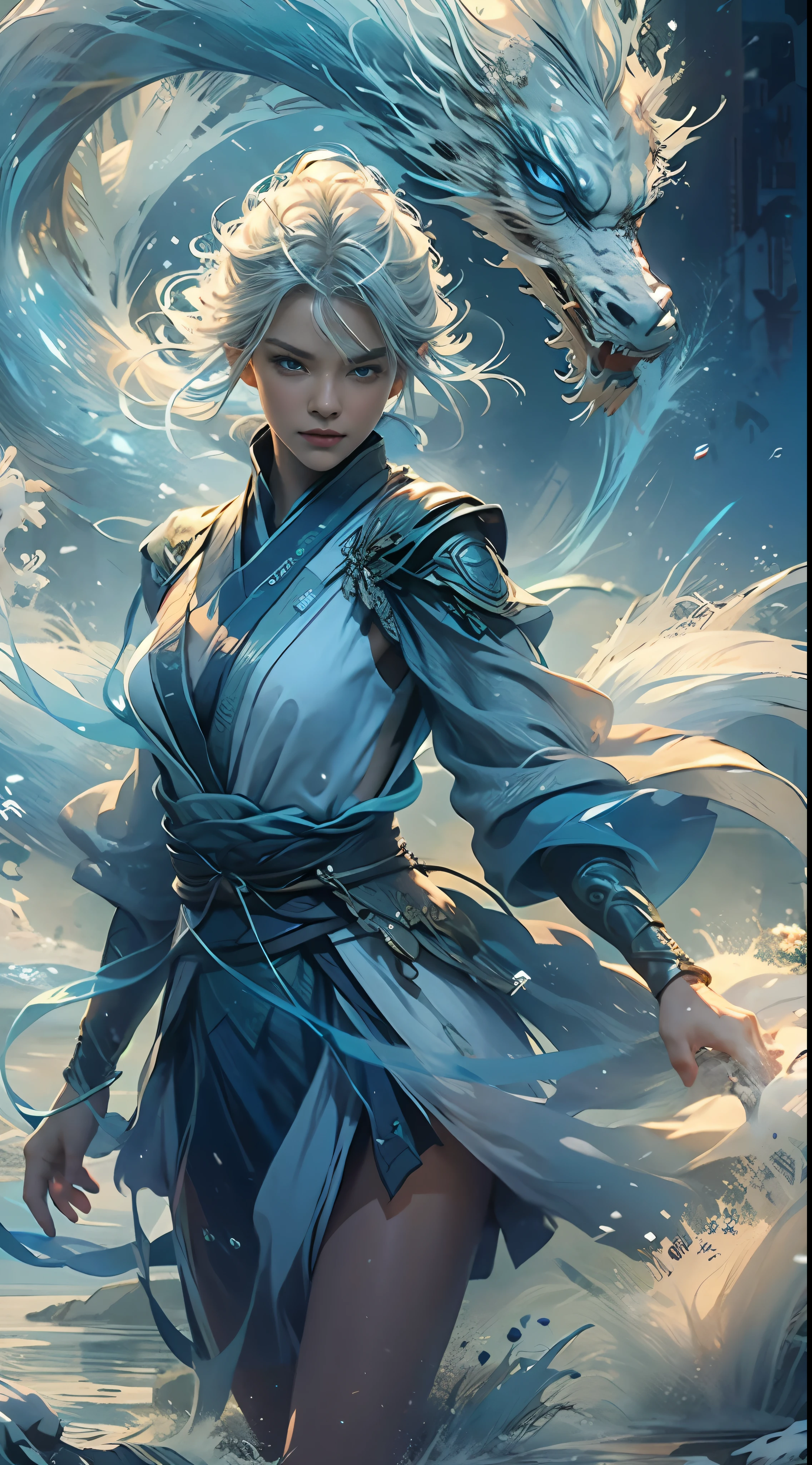 (The is very detailed,reasonable design,Clear lines,High- sharpness,best qualtiy,tmasterpiece,offcial art,movie light effect,4K),1girll,a matural female,looking at viewert,blue color eyes,short skirt,White medium hair,blue hairs,cloaks,White panty hose,snowflower,Printing,jewely,Pedras preciosas,Shiny,thigh band,(Take a walk on the lake:1.2),water dragon