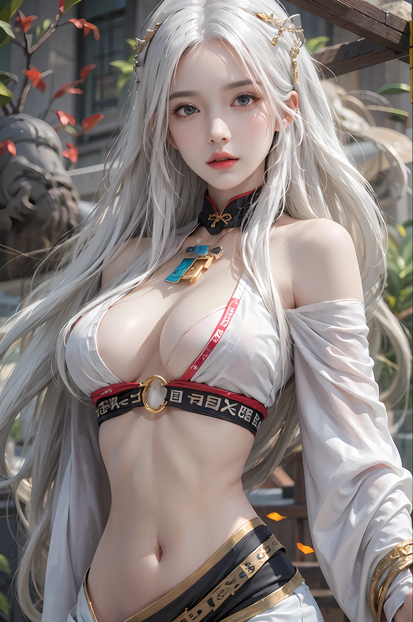 photorealistic, high resolution, 1 women, solo, hips up, look at viewer, (detailed face), white hair, long hair, medium breasts, Taoist