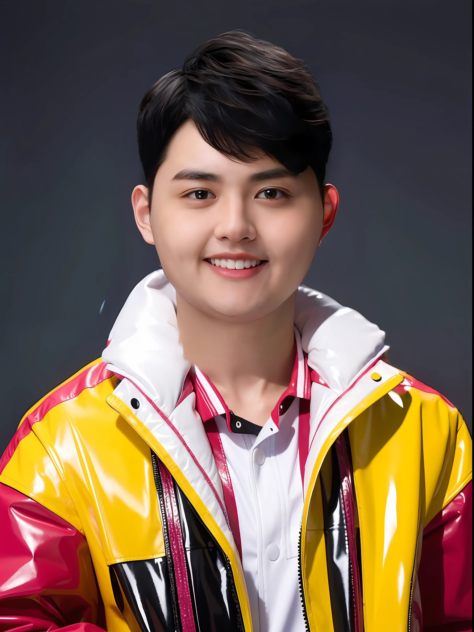 Chinese male high school student，Wear a PVC colored leather jacket，wearing hat