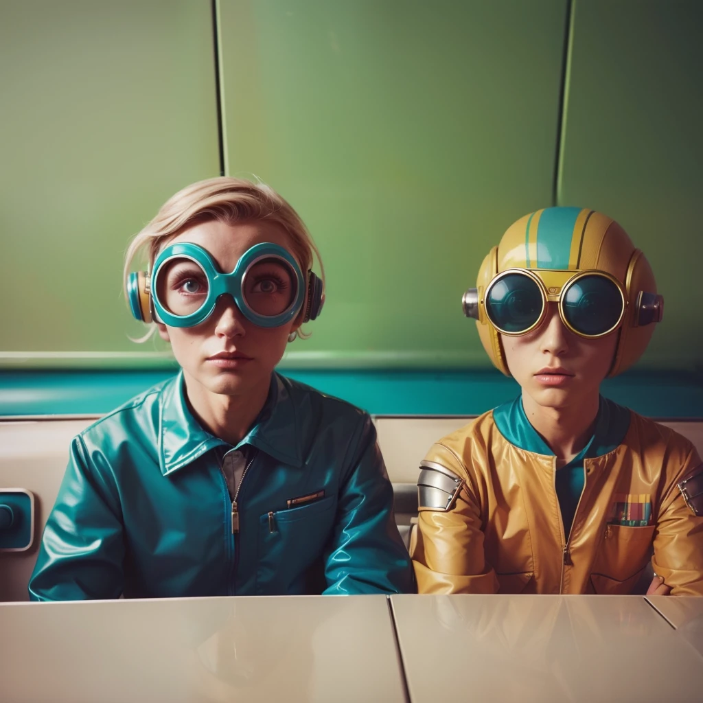 4k image from a 1960s science fiction film by Wes Anderson, Filme O Grande Hotel Budapeste, pastels colors, Young people wearing retrofuturistic alien masks and holding colorful suitcases and chests on the bus, Retro-futuristic fashion clothes from the 60s with old robots, Luz Natural, Psicodelia, futurista estranho, retro-futurista, photo-realistic, Sharp background details.