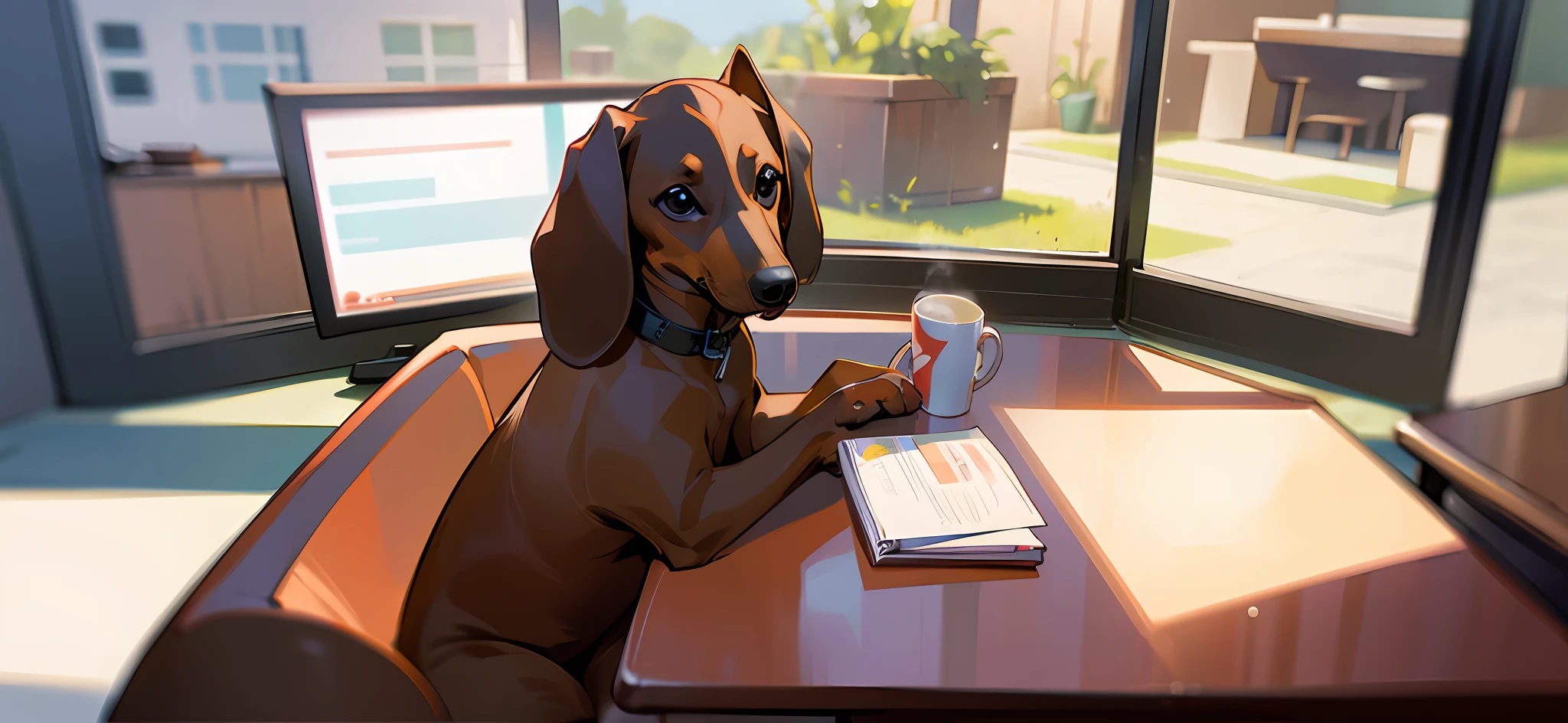 A dachshund sitting at the table sipping coffee while watching the news on TV, realista, fotorrealista