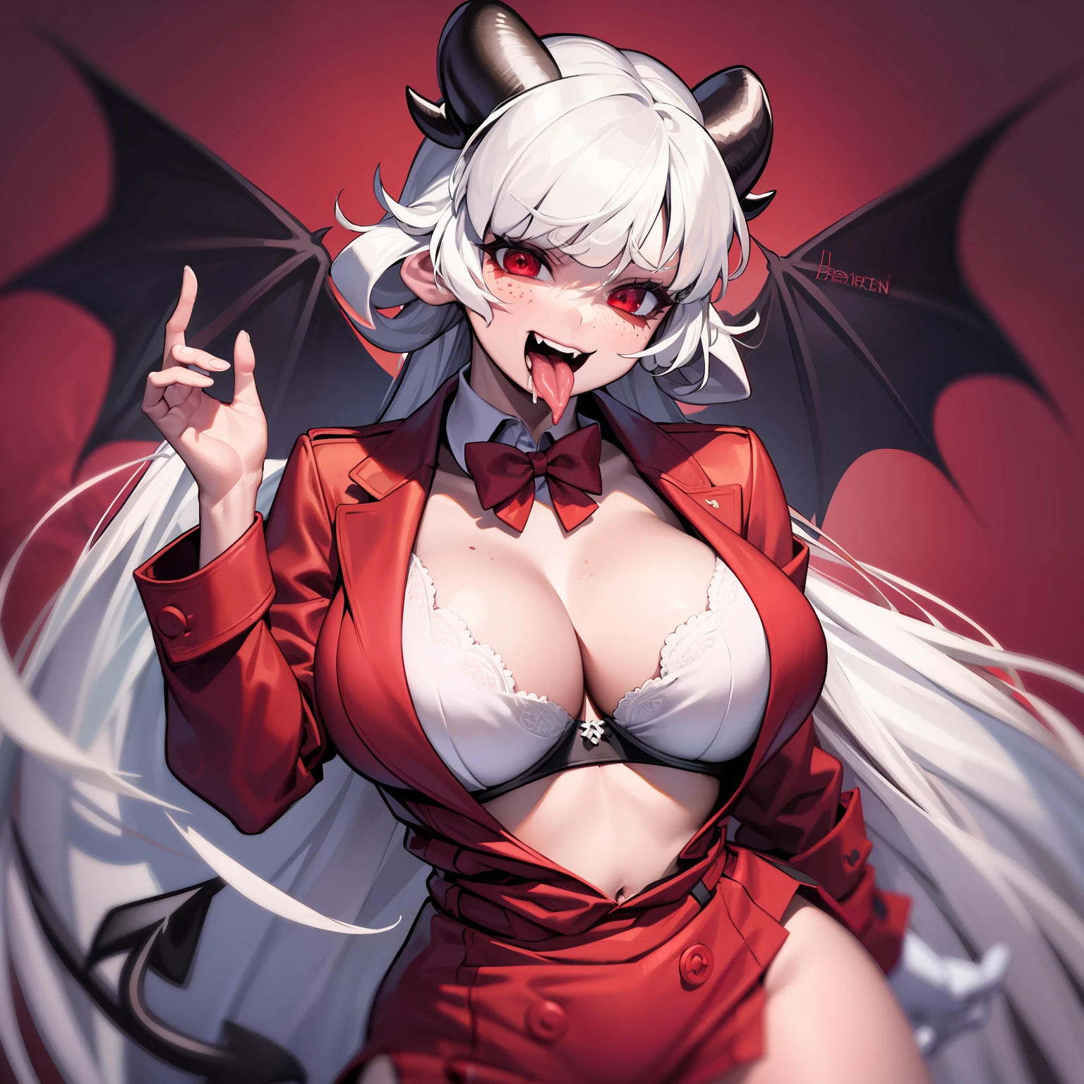 beelzebub(helltaker), tongue, jewelry, tongue out, demon tail, arm under breasts, gloves, freckles, underwear, business suit, formal, red gloves, red jacket, looking at viewer, demon horns, red eyes, white horns, saliva, demon girl, 1girl, jacket, suit, horns, white hair, cleavage, shirt, teeth, bowtie, red bow, tail, solo, open mouth, short hair, bra, bow, large breasts