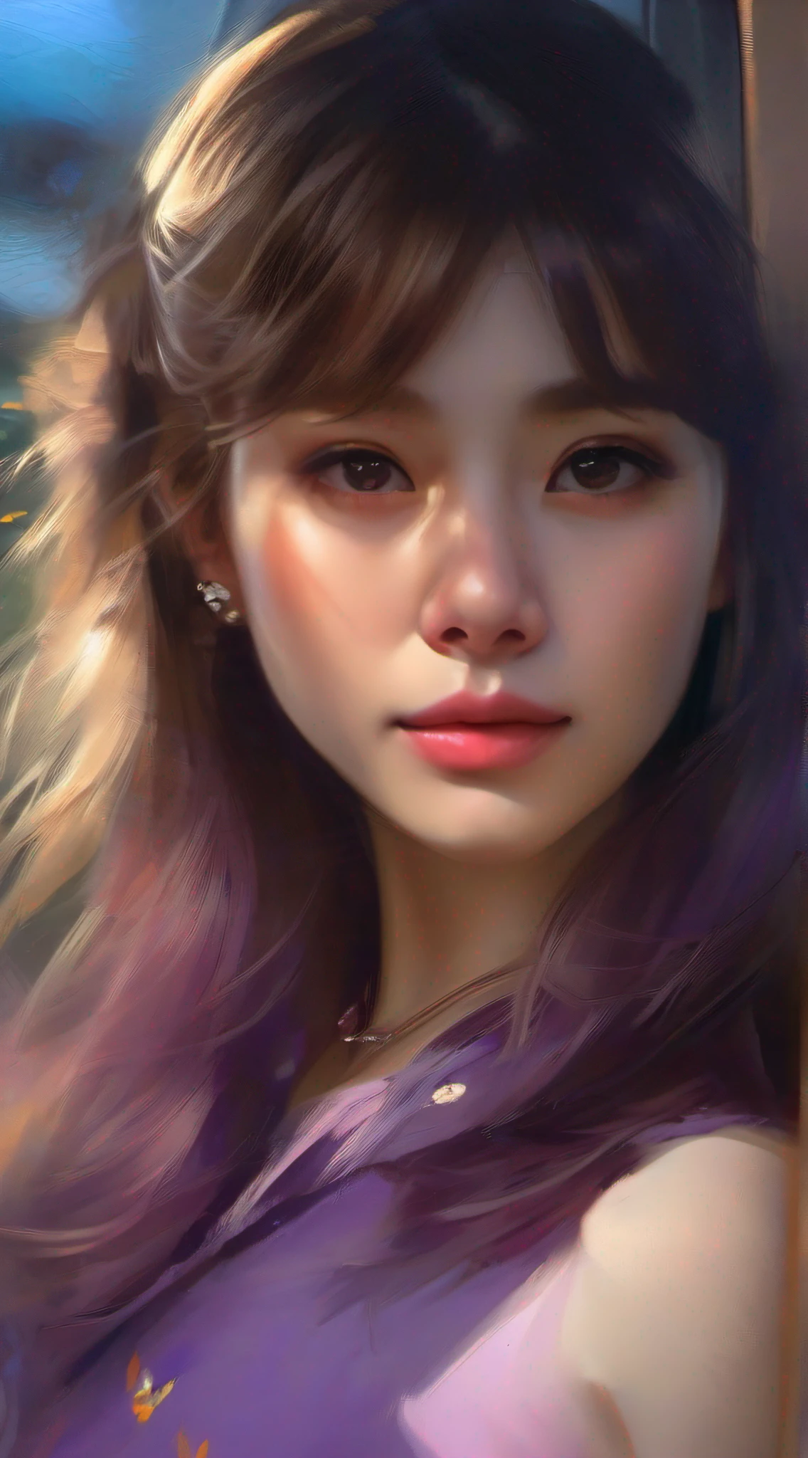 illustartions "bus", concept art by Pino Daeni, Jeremy Mann, Greg Rutkowski, Konstantin Razumov, Vladimir Volegov, Realistic close-up portrait, eun-ji playing electric guitar, sitting inside the bus, long purple hair, wearing vneck and mini skirt, clean face, sakura garden, epic cloud, sunrise, 4k, light reflected in the eyes, studio portrait, soft light, bezel lighting, bokeh background, picturesque, buff painting, (detailed faces:1. 3), (Detailed Eyes:1.3, 8K, HDR, RGB, Ultra-HD --ar 16:9 --q 5 --s 1000 --style raw
