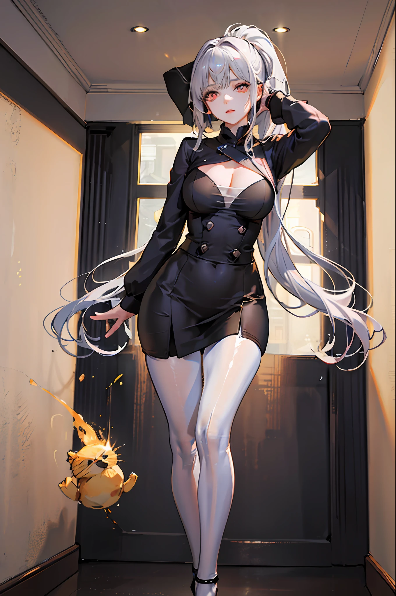 1 girl! Ray tracing, best shadows, highest resolution (dim lighting) detailed background (living room) fluffy silver hair, plump and slender girl, high ponytail in the ominous living room avoiding golden eyes (girl wearing white shirt, black wrinkled skirt, with black transparent pantyhose) showing a delicate slim figure and graceful curves, the position is correct and reasonable limbs! Put your hands behind your head, your fingers slender and slender! Dignified standing, facial details! The facial features are more delicate! Pay attention to the details of the position of the legs! Pay attention to hand details! Highest quality! More eligible! Reduce mistakes! The painting is more fine, ultra-detailed CG, and the picture is more reasonable! Add finger detail! Masterpiece, double eye details! Facial details optimized, limit the number of fingers! Finger optimization! Dynamic angles, intricate details: 1.2, clear focus, exquisite functionality! 8K wallpaper, top illustration, depth of field, delicate eyes, complete hands, no extra limbs