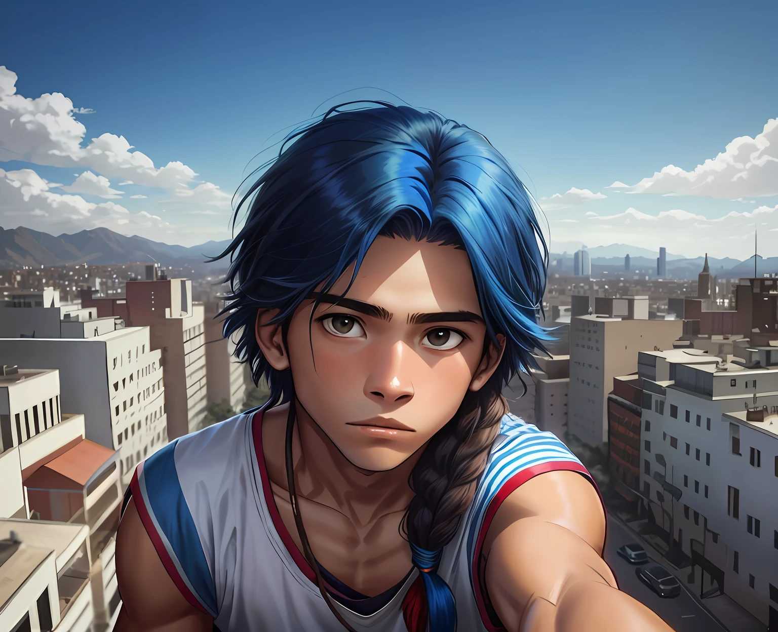 A 15-year-old boy with blue hair stands on the fifth floor on the roof of the high school looking at a city in the distance......From above he looks at a city with his back to the viewer 15-year-old man has no shirt has a naked torso his hair is straight long Latin skin copper mestizo face, tiene traje tribal africano esta en el tejado de la secundaria mirando una cercana ciudad mira con miedo pensativo, (tercer plano cuerpo completo