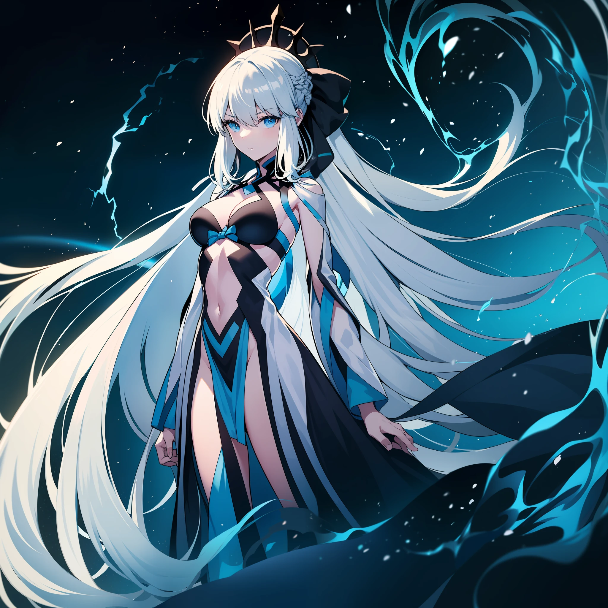 In the dark，The ground under the feet of a girl with very long white hair was glowing，Flashes of electricity and fire appeared on his body