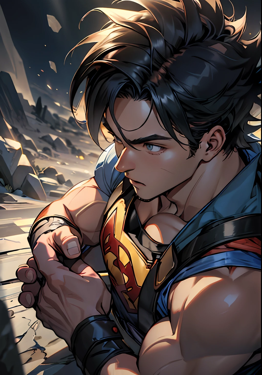2men, 2boys, Goku, Superman, strong battle, fighting, electricity, power, energy, aura, dark background, rocky mountains breaking apart, broken stones,
beautiful details, cool, studio lighting, detailed clothing, highly textured clothing, polished texture, hyper resolution, insanely detailed, dynamic angle, 8k, 4k, hd, hires, best quality, masterpiece, ultra-high detailed, hyper detailed, intricate details, photo realistic,