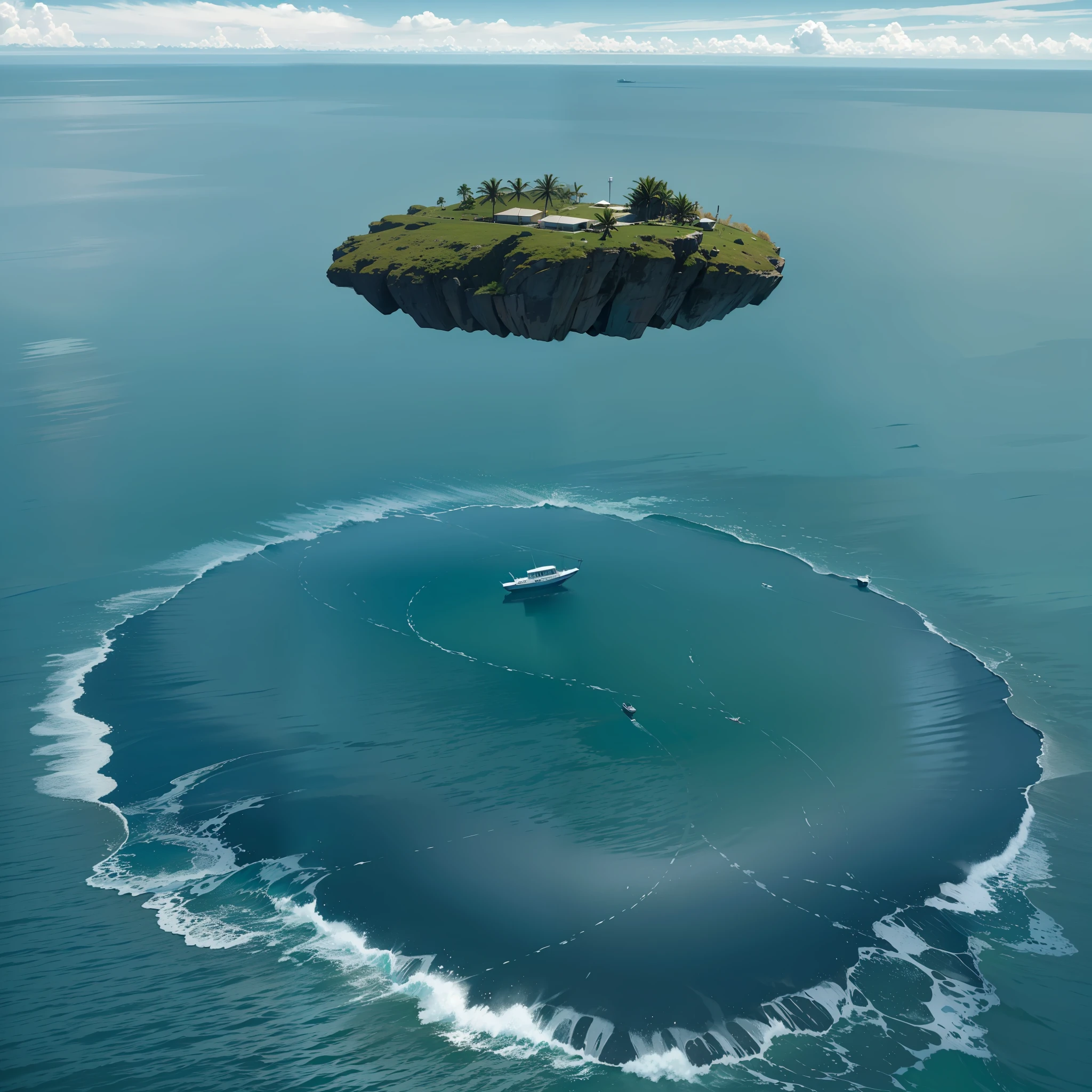 isla flotante detallada, isala flotante, definida, isla flotante ultra calidad, foto realista, Flying in the middle of the ocean, cielo es un oceano con olas, oceano azul rey