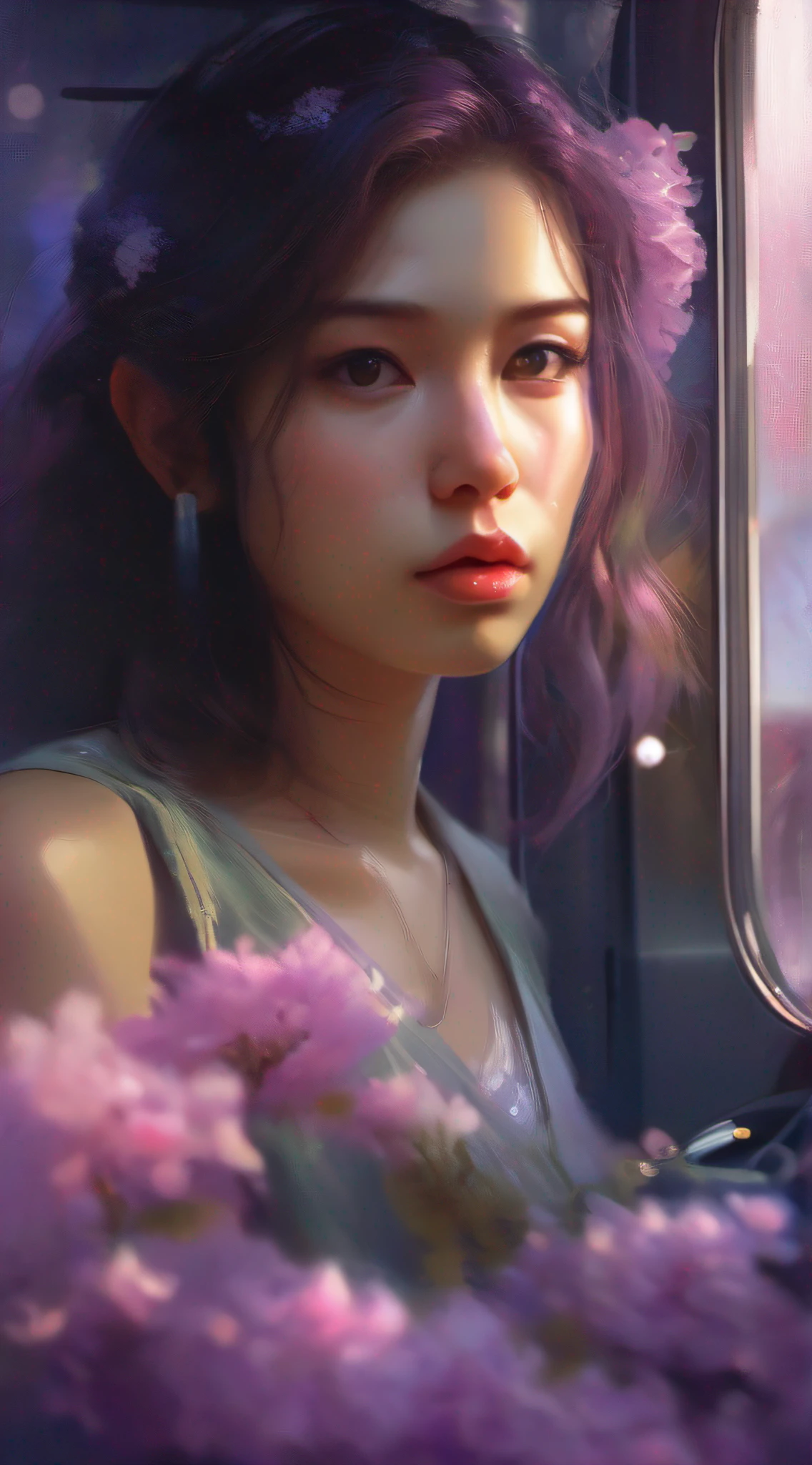 illustartions "bus", concept art by Pino Daeni, Jeremy Mann, Greg Rutkowski, Konstantin Razumov, Vladimir Volegov, Realistic close-up portrait, eun-ji playing electric guitar, sitting inside the bus, long purple hair, wearing vneck and mini skirt, clean face, sakura garden, epic cloud, sunrise, 4k, light reflected in the eyes, studio portrait, soft light, bezel lighting, bokeh background, picturesque, buff painting, (detailed faces:1. 3), (Detailed Eyes:1.3, 8K, HDR, RGB, Ultra-HD --ar 16:9 --q 5 --s 1000 --style raw