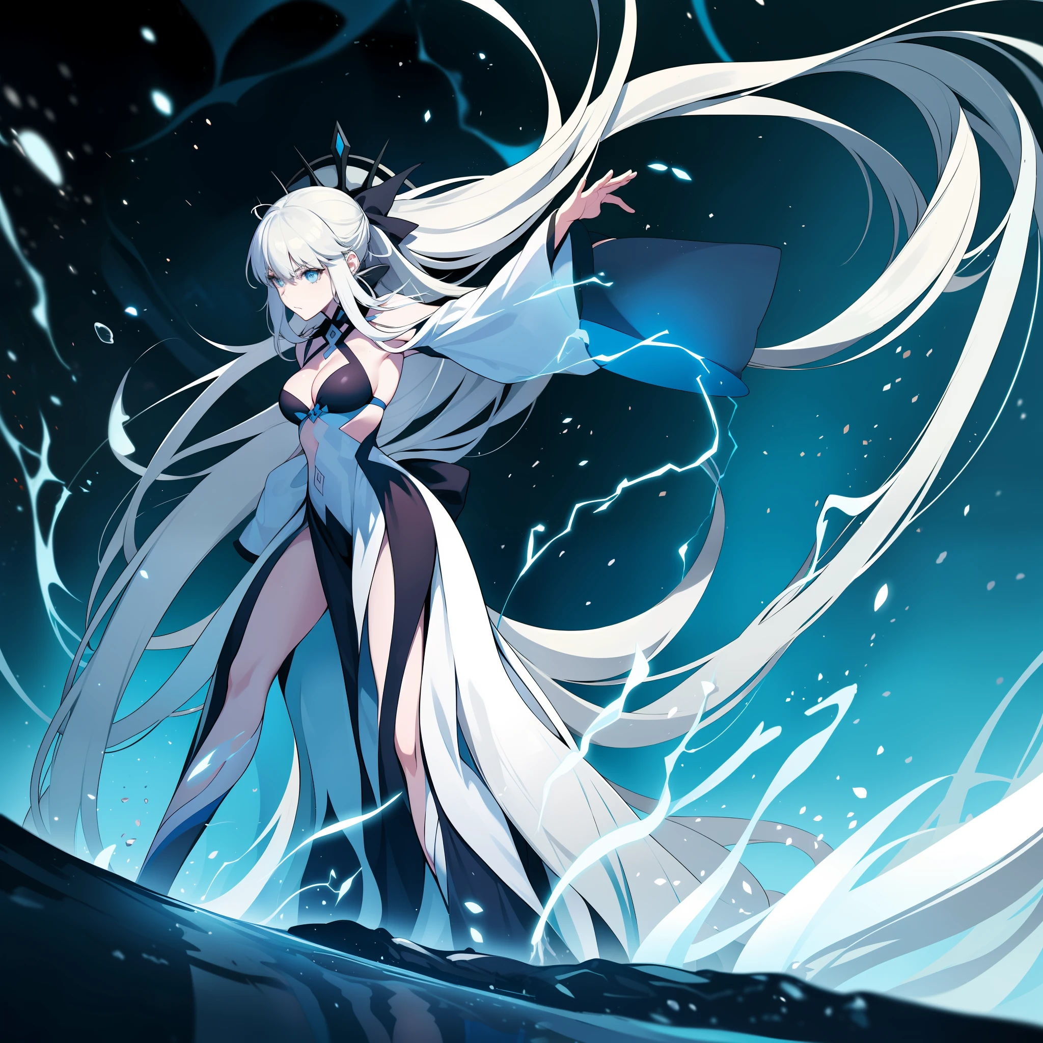 In the dark,The ground under the feet of a girl with long white hair was glowing,A flash of electric fire appeared on her body