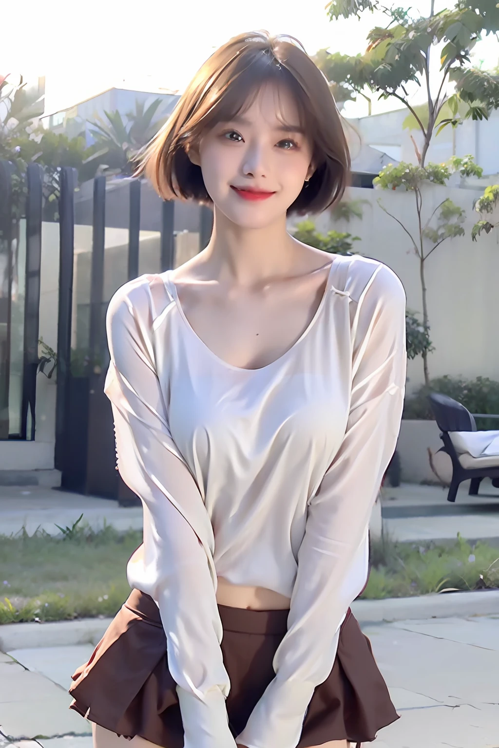 (8K,top Quority,tmasterpiece:1.2),(realisticlying,realisticlying:1.37),ultra-detailliert,girl single,adolable,独奏,sitted,(white skinned),(ssmile:1.15),The large,Delicate eyes,large round eyes,Clear double eyelids,eyeslashes,,White color blouse,(short detailed hair:1.2),By bangs,long necks,joyful smile,beauitful face,realistic skin textures, Light red lips,lawns,full bodyesbian,short skirt,open waist,The weather is hot,Pleasant,Very Fine Detail,Warm atmosphere,The bra is exposed,Clothes open,Panties exposed,Exposed genitals,Leg to knee,leg apart