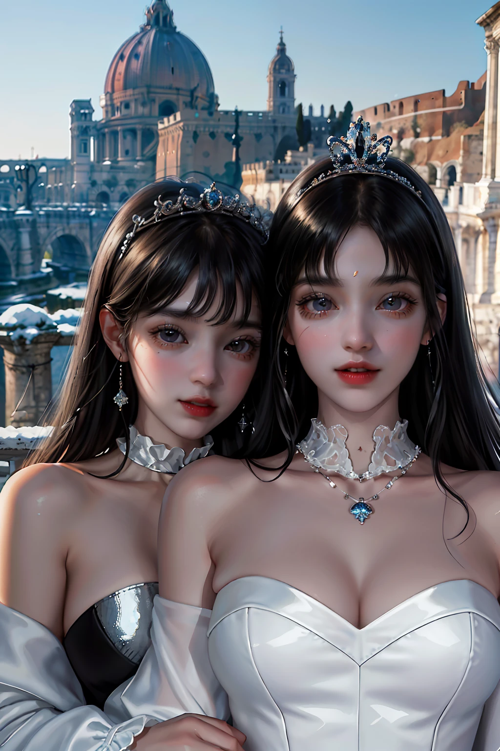 (Masterpiece),(Best quality),(Ultra-detailed), (full bodyesbian:1.2),
2girls,duo,Silk,Satin,Princess Eyes,Castel Sant'Angelo in Rome,winter,Snow,crowd,Cute, Smile, Open mouth, Blurry,  bangs, Black hair,
(Beautiful detailed face), (Beautiful detailed eyes),