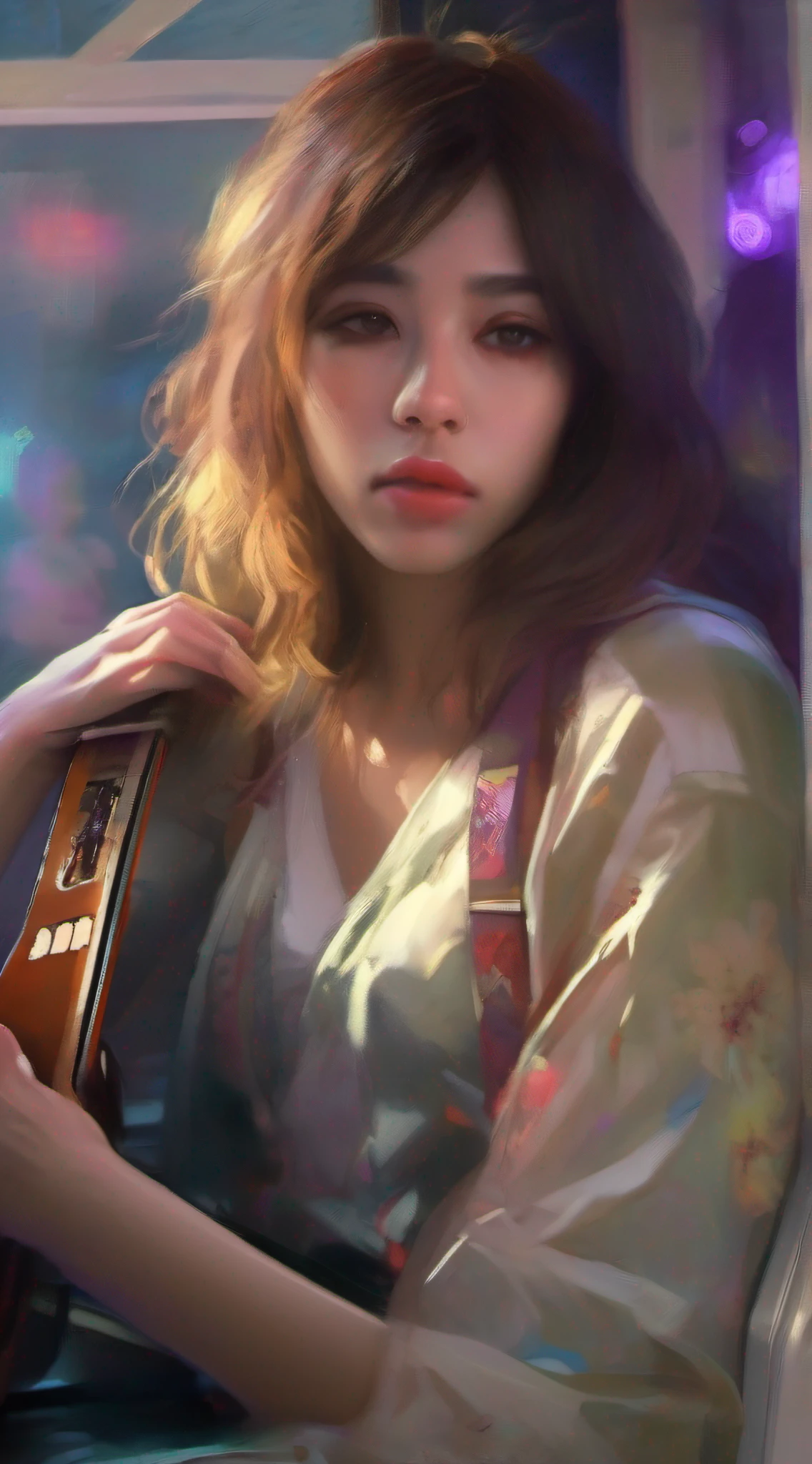 illustartions "bus", concept art by Pino Daeni, Jeremy Mann, Greg Rutkowski, Konstantin Razumov, Vladimir Volegov, Realistic close-up portrait, eun-ji playing electric guitar, sitting inside the bus, long purple hair, wearing vneck and mini skirt, clean face, sakura garden, epic cloud, sunrise, 4k, light reflected in the eyes, studio portrait, soft light, bezel lighting, bokeh background, picturesque, buff painting, (detailed faces:1. 3), (Detailed Eyes:1.3, 8K, HDR, RGB, Ultra-HD --ar 16:9 --q 5 --s 1000 --style raw