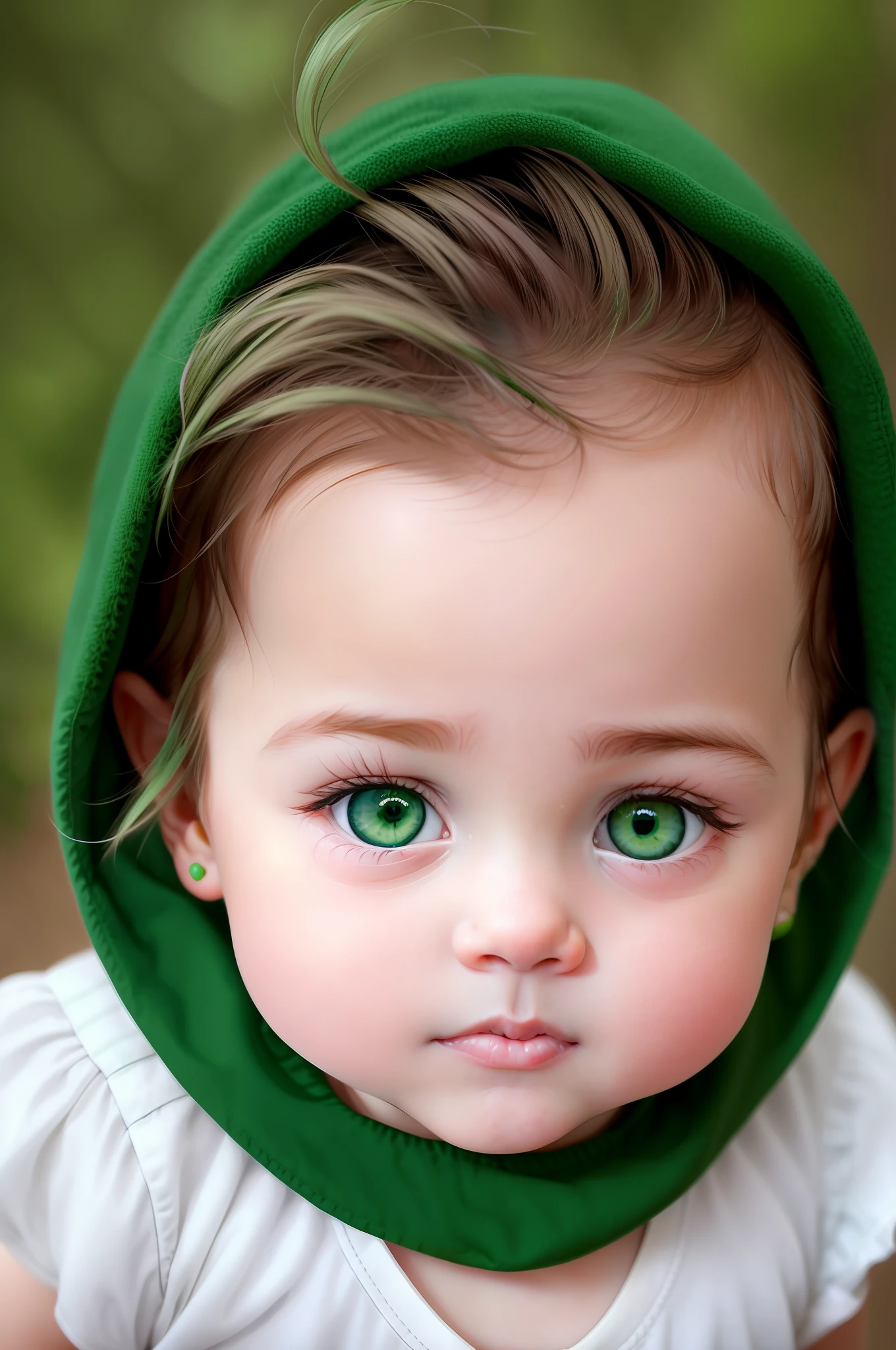 there is a  with a green hood on and a white shirt, adorable digital painting, big open green eyes, dreamy green eyes, beautiful green eyes, lovely green eyes, big green eyes, beautiful huge eyes, green eyes fine face pretty face, bright green eyes, deep green eyes, cute round green slanted eyes, huge adorable eyes, adorable eyes