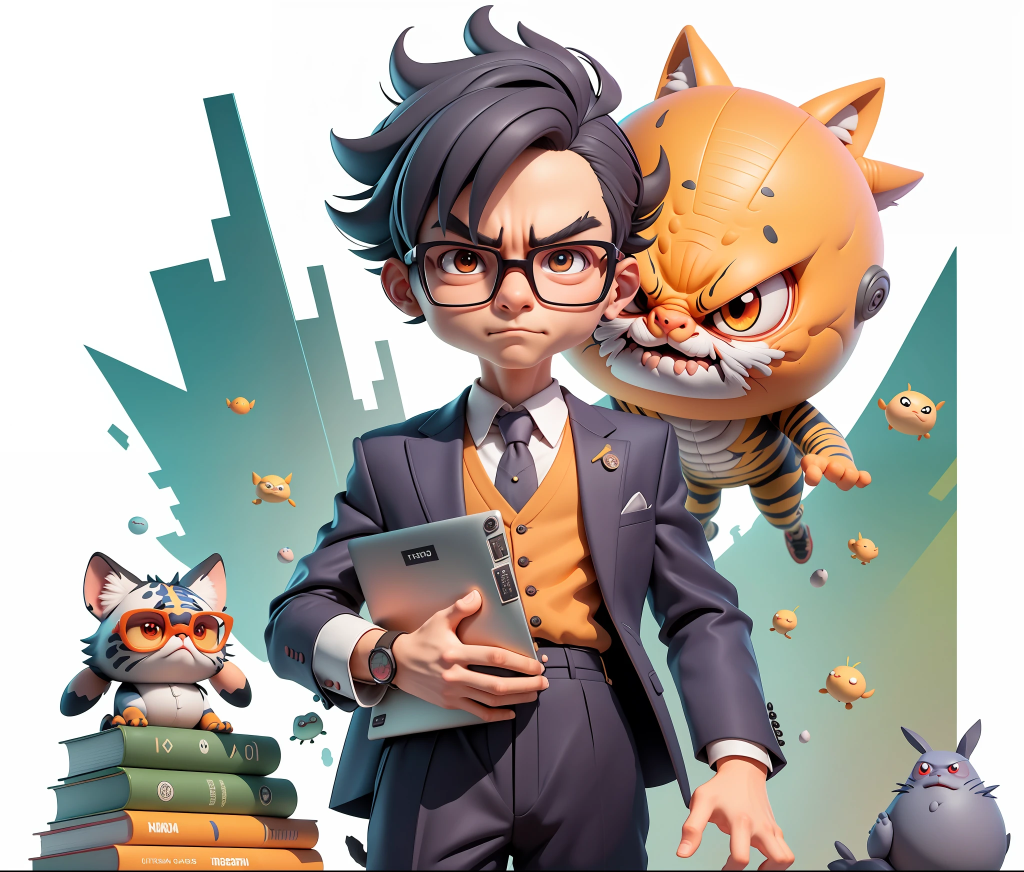 A young man in a suit, Short hair and glasses sat at his desk,holding laptop,digitial painting,tigre,3D character design by Mark Clairen and Pixar and Hayao Miyazaki and Akira Toriyama,4K HD illustration,Very detailed facial features and cartoon-style visuals。