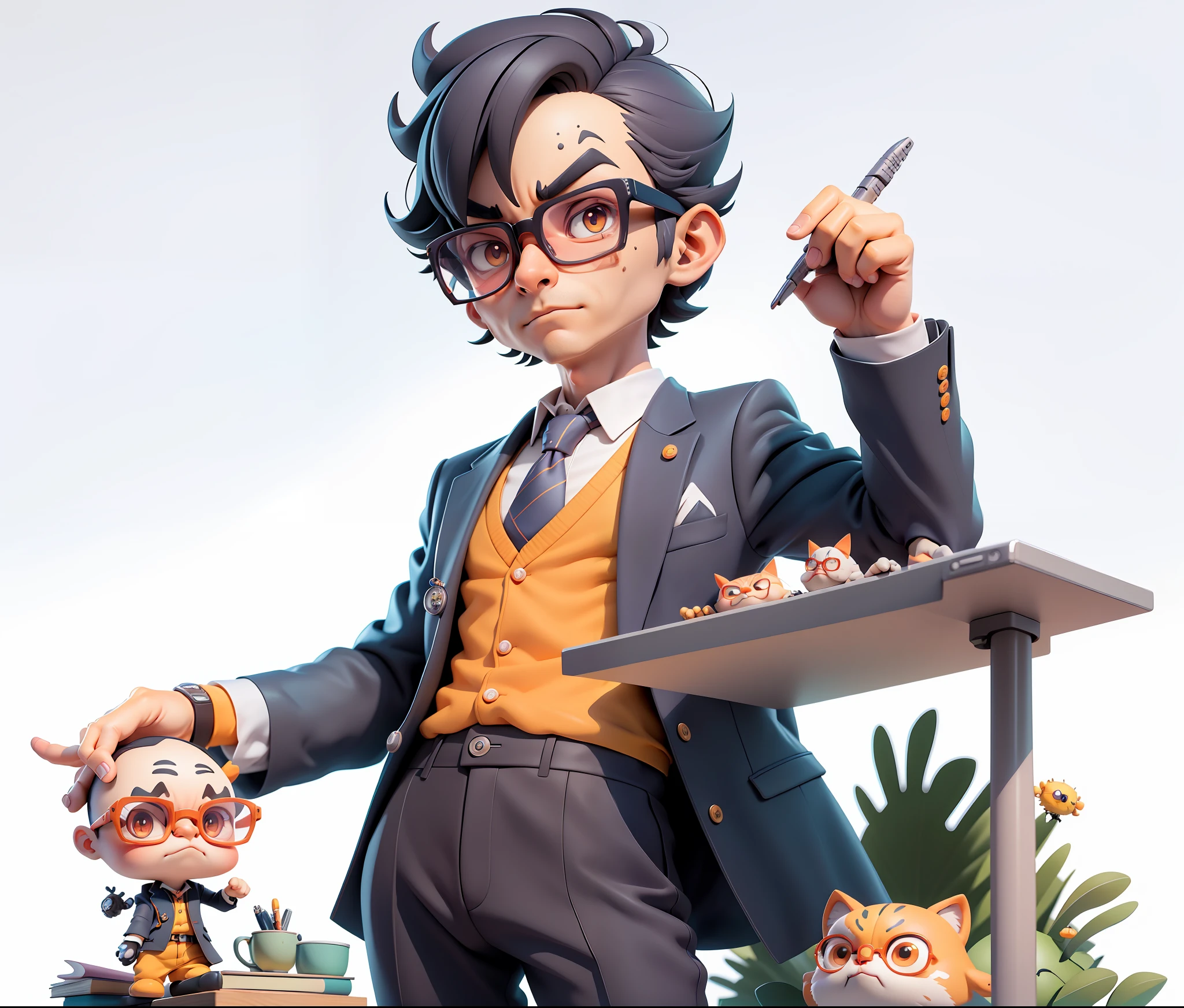 A young man in a suit, Short hair and glasses sat at his desk,holding laptop,digitial painting,tigre,3D character design by Mark Clairen and Pixar and Hayao Miyazaki and Akira Toriyama,4K HD illustration,Very detailed facial features and cartoon-style visuals。