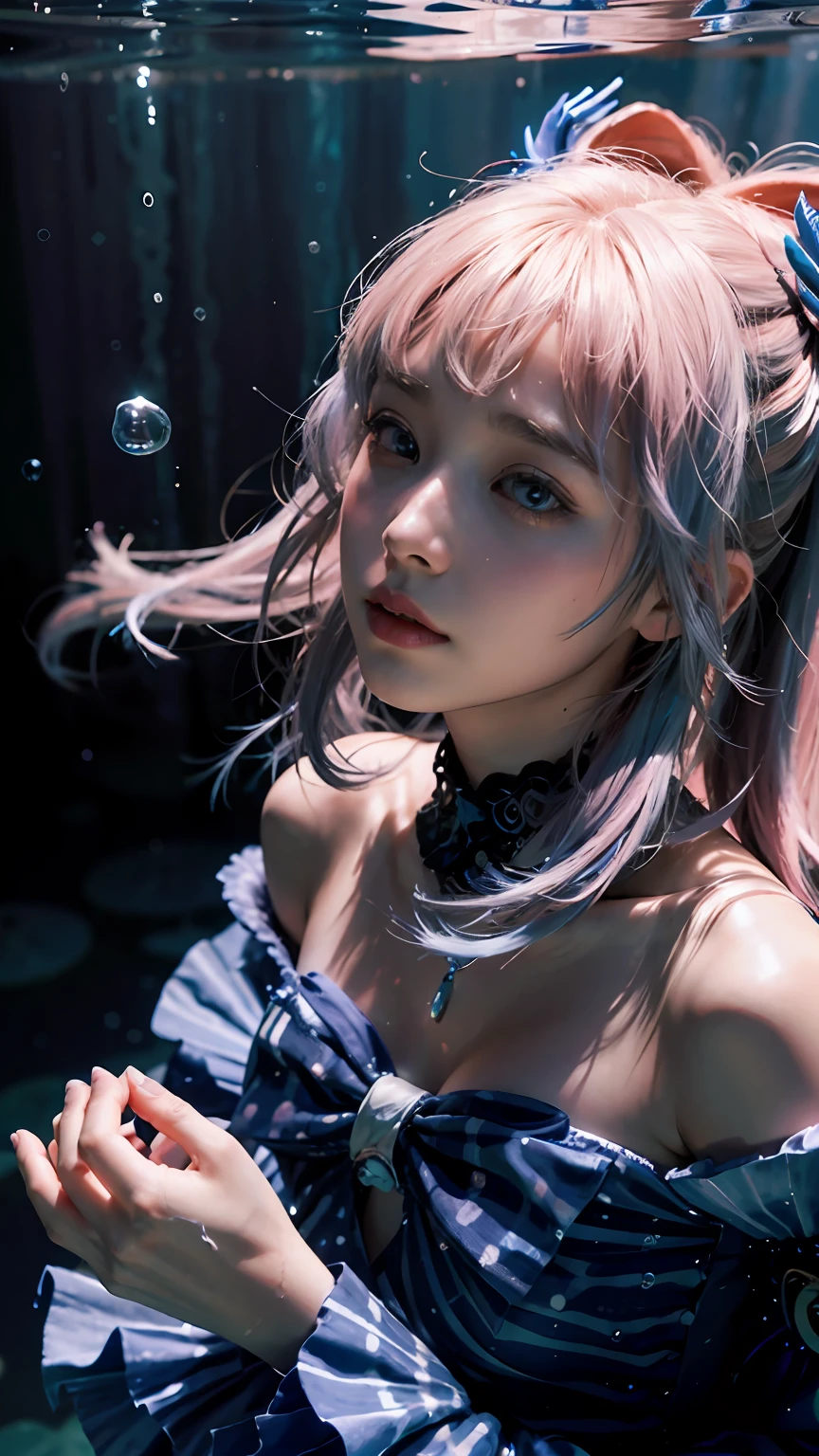 Cute Korean face，Innocent face，blue color eyes，A pink-haired，Blue hair ends，Qi bangs，Facial light and shadow，plain face，cinmatic lighting,Masterpiece, Super detail, High quality, High details, A high resolution, 4K, Award-Awarded，water bubbles，airbubble，Cinematic lighting, shadowing, filmgrain,，monochrome,escala cinza,a sketch,Realistic,Photorealistic，Bandeau off-the-shoulder dress，Oversized bow at chest，Dark blue sleeves，Light blue clothes，ocean floor，blue color eyes，There are small fish，Dark blue lace collar trim，closeup fantasy with water magic, cosplay, Guviz,airbubble，Guviz-style artwork，Underwater world，elegant floating pose, A pink-haired，Blue hair ends，cinmatic lighting,Masterpiece, Super detail, High quality, High details, A high resolution, 4K, Award-Awarded，water bubbles，airbubble，Cinematic lighting, shadowing, filmgrain, Artistic portrait of a girl，Gorgeous light and shadows，Photorealistic，Cute Korean face，Innocent face，Facial light and shadow，plain face，Light blue skirt，There is a huge bow on the chest