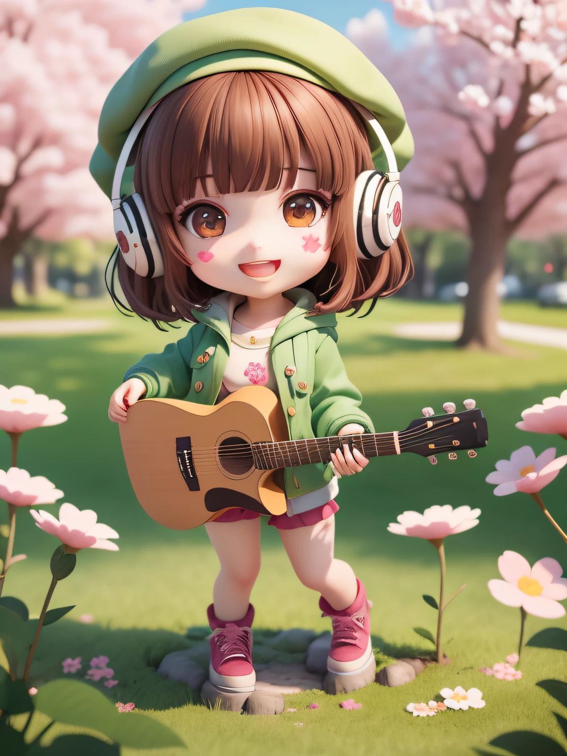 (masterpiece),(best quality),(ultra-detailed), (full body:1.2),
1girl,chibi,cute, smile, open mouth,
flower, outdoors, playing guitar, music, beret, holding guitar, jacket, blush, tree, :3, shirt, short hair, cherry blossoms, green headwear, blurry, brown hair, blush stickers, long sleeves, bangs, headphones, black hair, pink flower,
(beautiful detailed face), (beautiful detailed eyes),