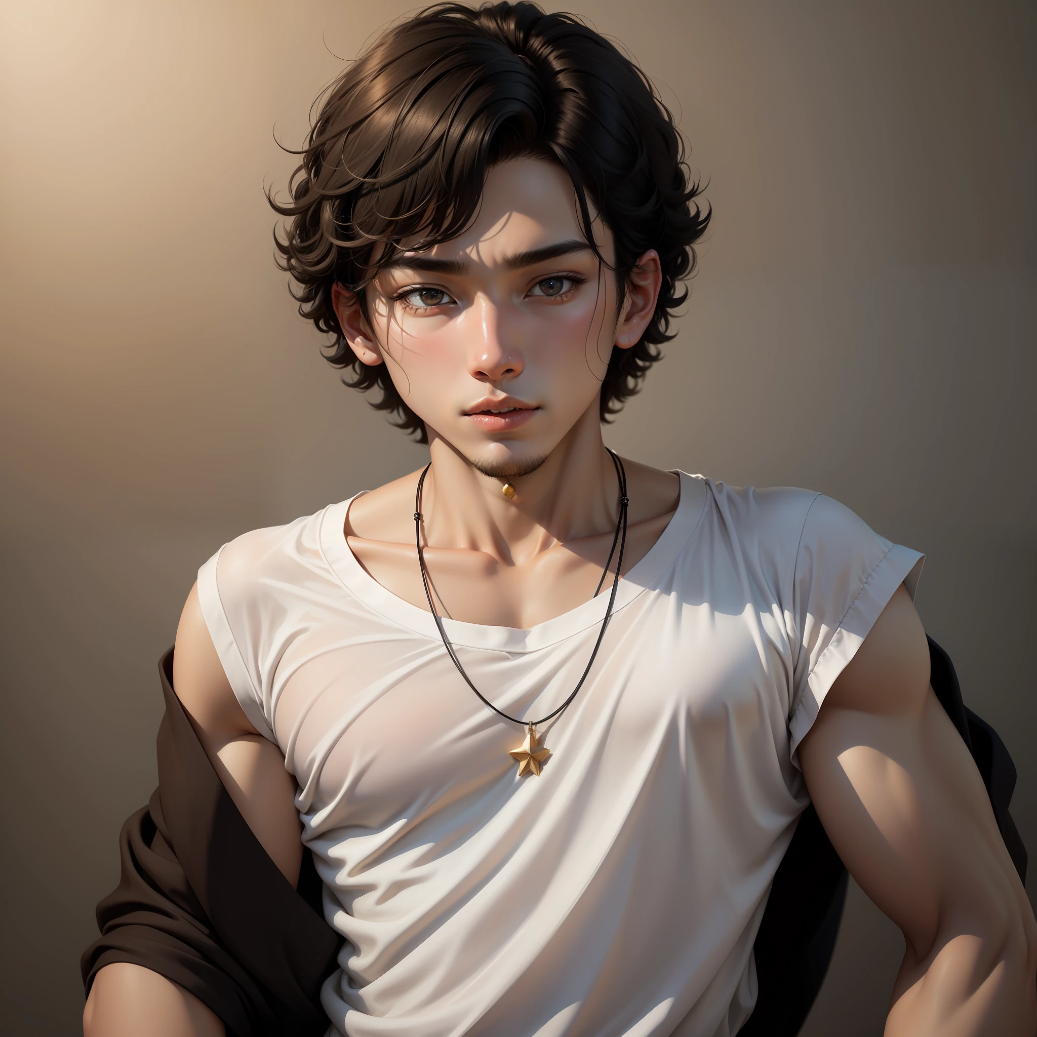 18-year-old Japanese boy,Black curly hair,Childish face and,Loose T-shirt,Posture without muscles。The skin has detailed and highly detailed eyes(1.1 emphasis),Very detailed skin texture(1.1 emphasis)。Elongated necklace,Japanese male star style,realisticlying,skin texture is real human skin texture,Detailed Skin Pore,Complicated details,The eyes are very detailed,Pursing his lips dullly