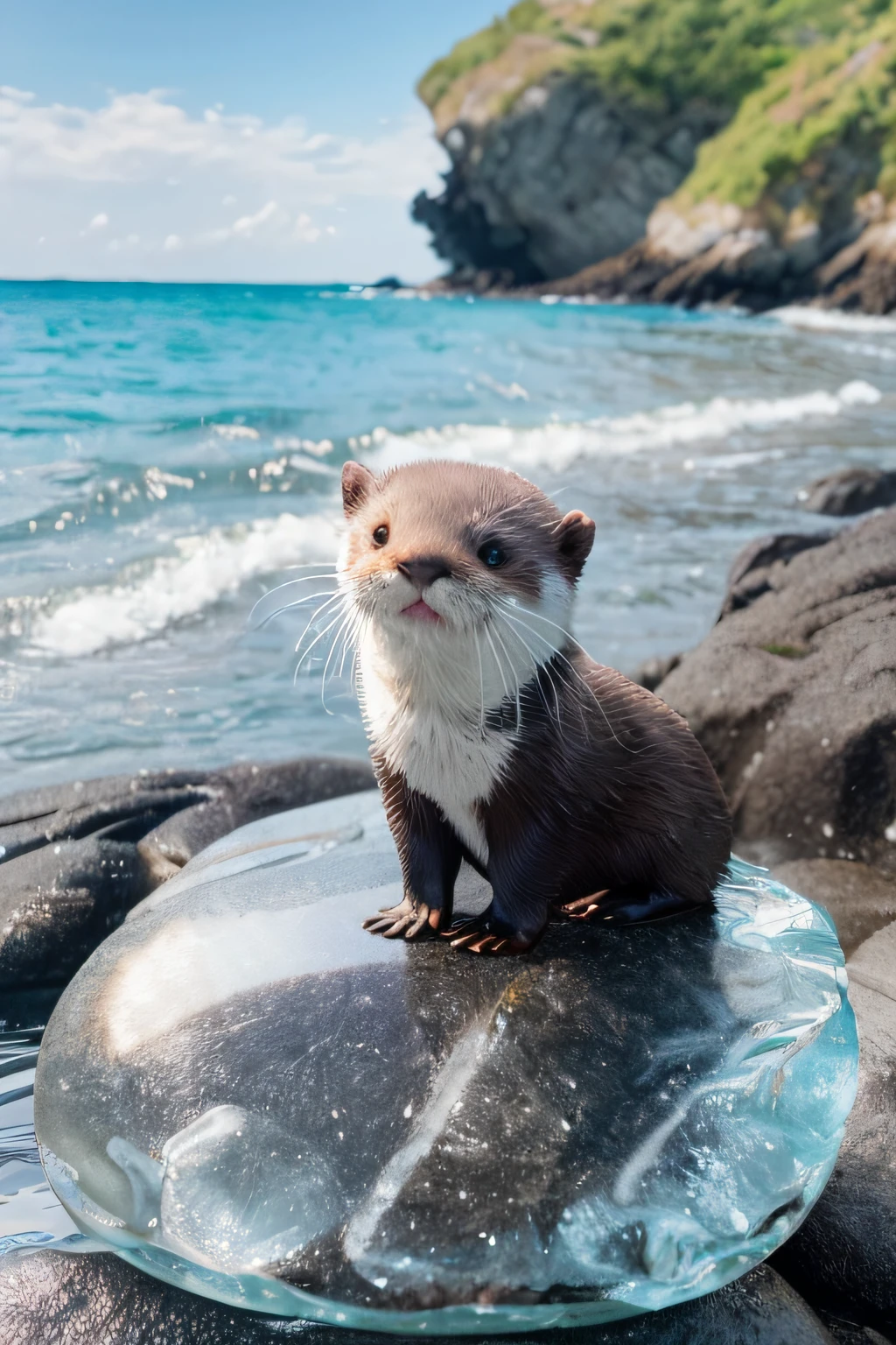 Little otter, (Himalayan), (small)))), On the rocks by the sea, the face, Front paws extended, 8K, profesional photo, delicated, Pubic area is clear, sandbeach, rays of sunshine, light leaks, tmasterpiece, ((prette))), (Realistis), plushies,closeup cleavage,Fisheye camera。