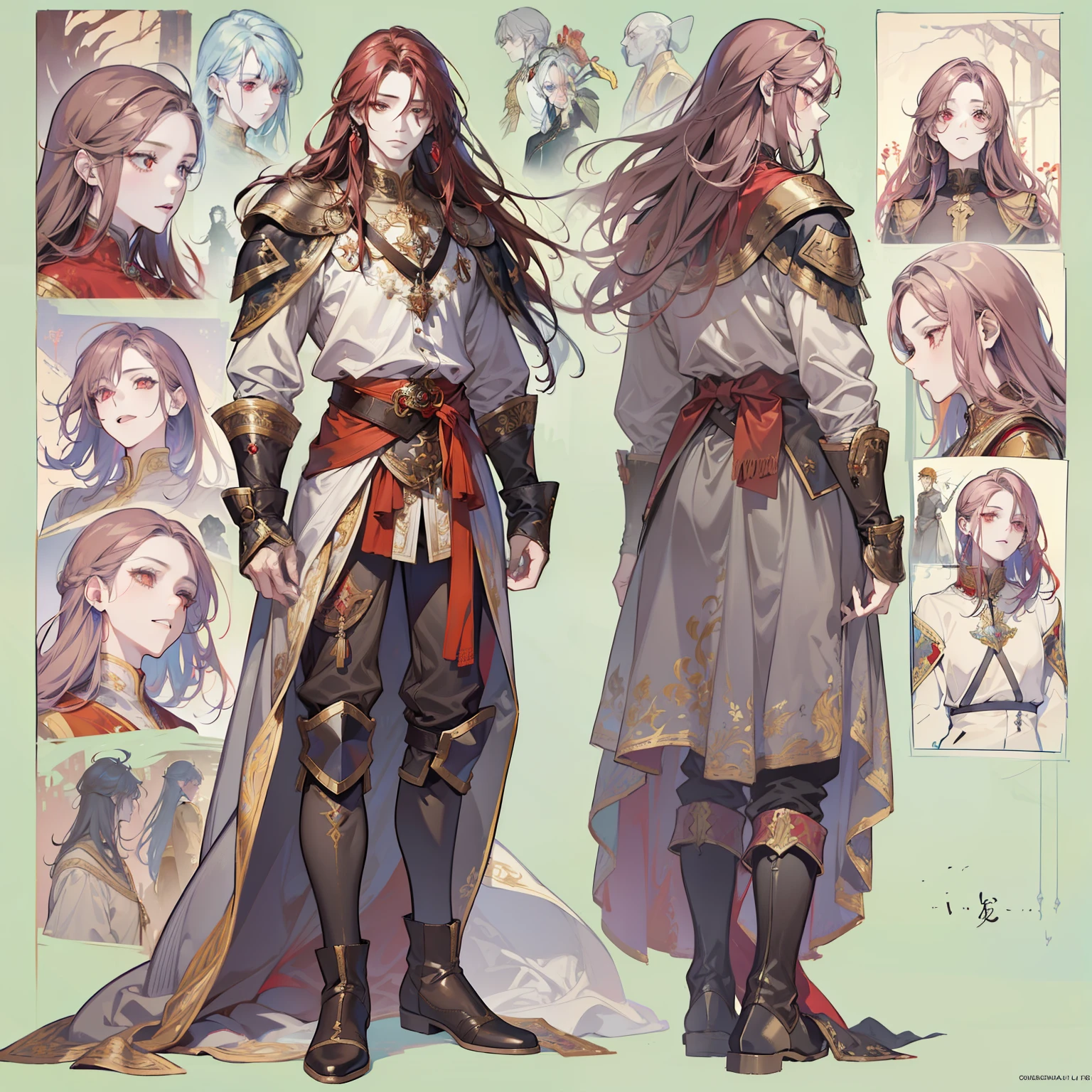 1 boy, solo, long hair, red eyes, shirt, high boots, Lightweight clothing, medieval theme, looking at viewer, fantasy art, beautiful painting, guwaika style, epic exquisite character art, stunning characters, man, lean (reference sheet:1.5)