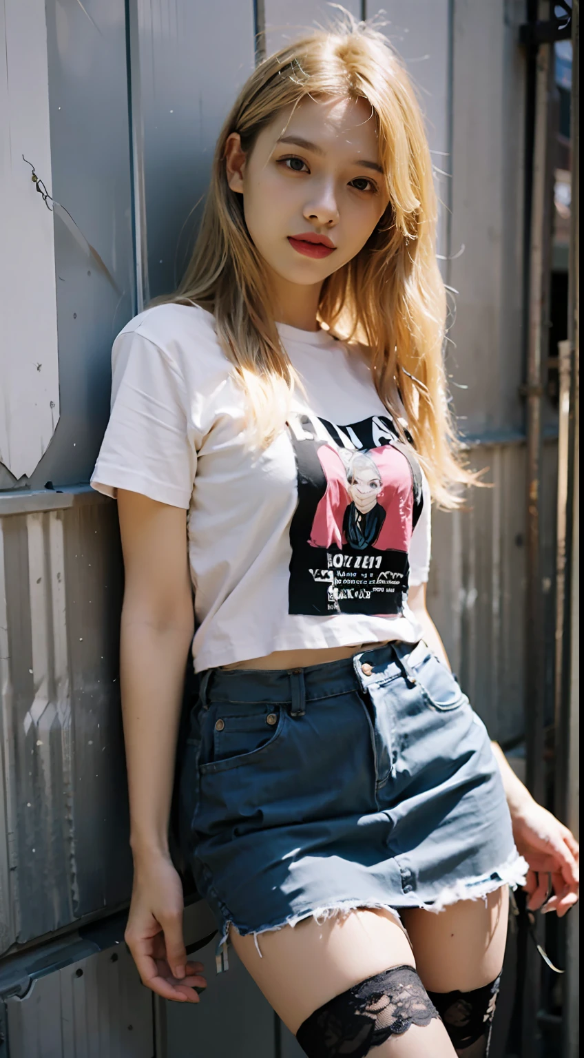 She has long light yellow hair，Wasteland punk style，Wear a blue and white striped T-shirt，Lace skirt，Long legs，Black-gray tones，Shabby poster wall with background，tmasterpiece,Need,photorealestic，k hd，photography lighting，16k