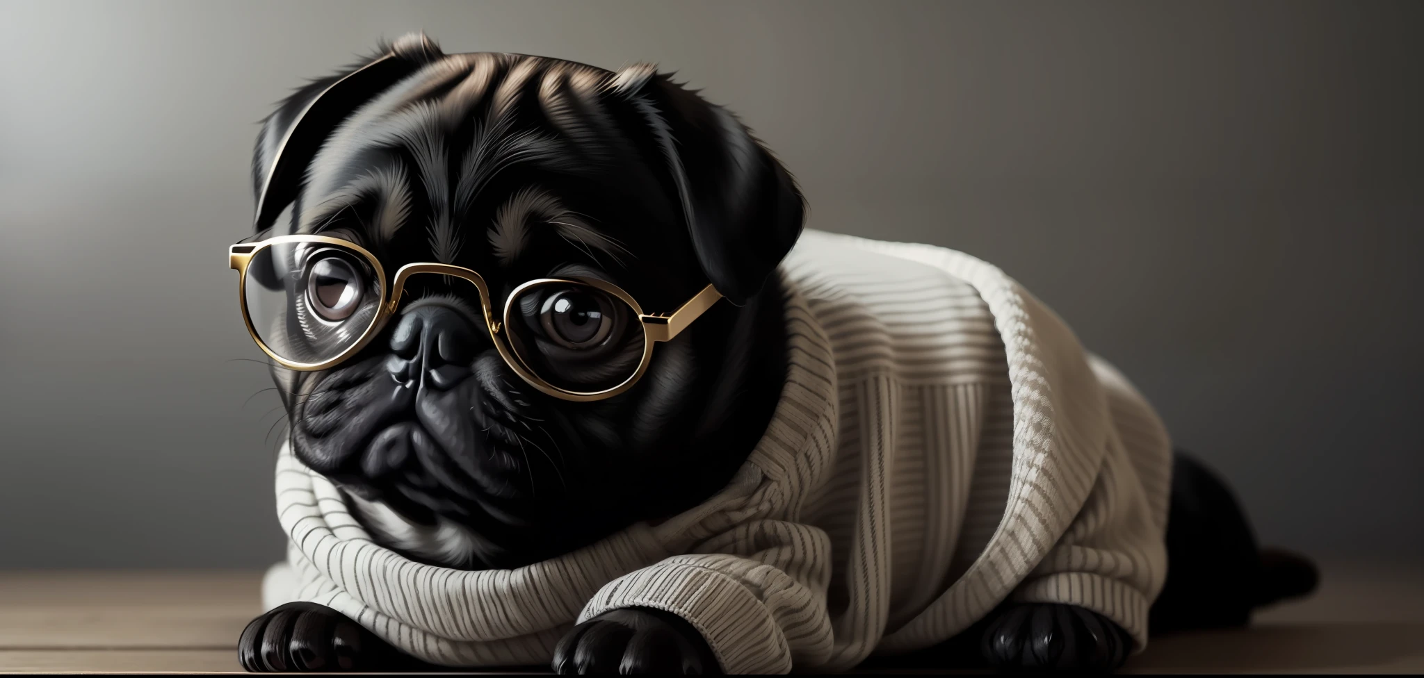 Imagine a very cute pug with big eyes, wearing a black and white plaid sweater, friendly, modern gold glasses, blurry background with a smooth wall and pictures