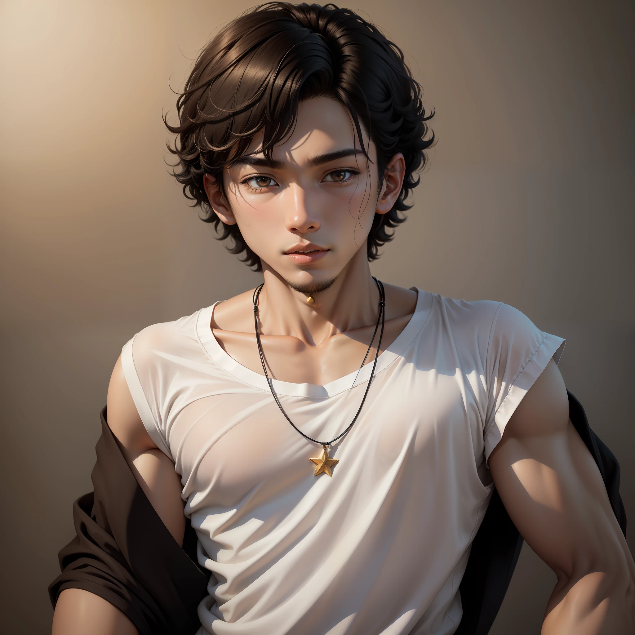 18-year-old Japanese boy，Black curly hair，Childish face and，Loose T-shirt，Posture without muscles。The skin has detailed and highly detailed eyes（1.1 emphasis），Very detailed skin texture（1.1 emphasis）。Elongated necklace，Japanese male star style，realisticlying，skin texture is real human skin texture，Detailed Skin Pore，Complicated details，The eyes are very detailed，Pursing his lips dullly