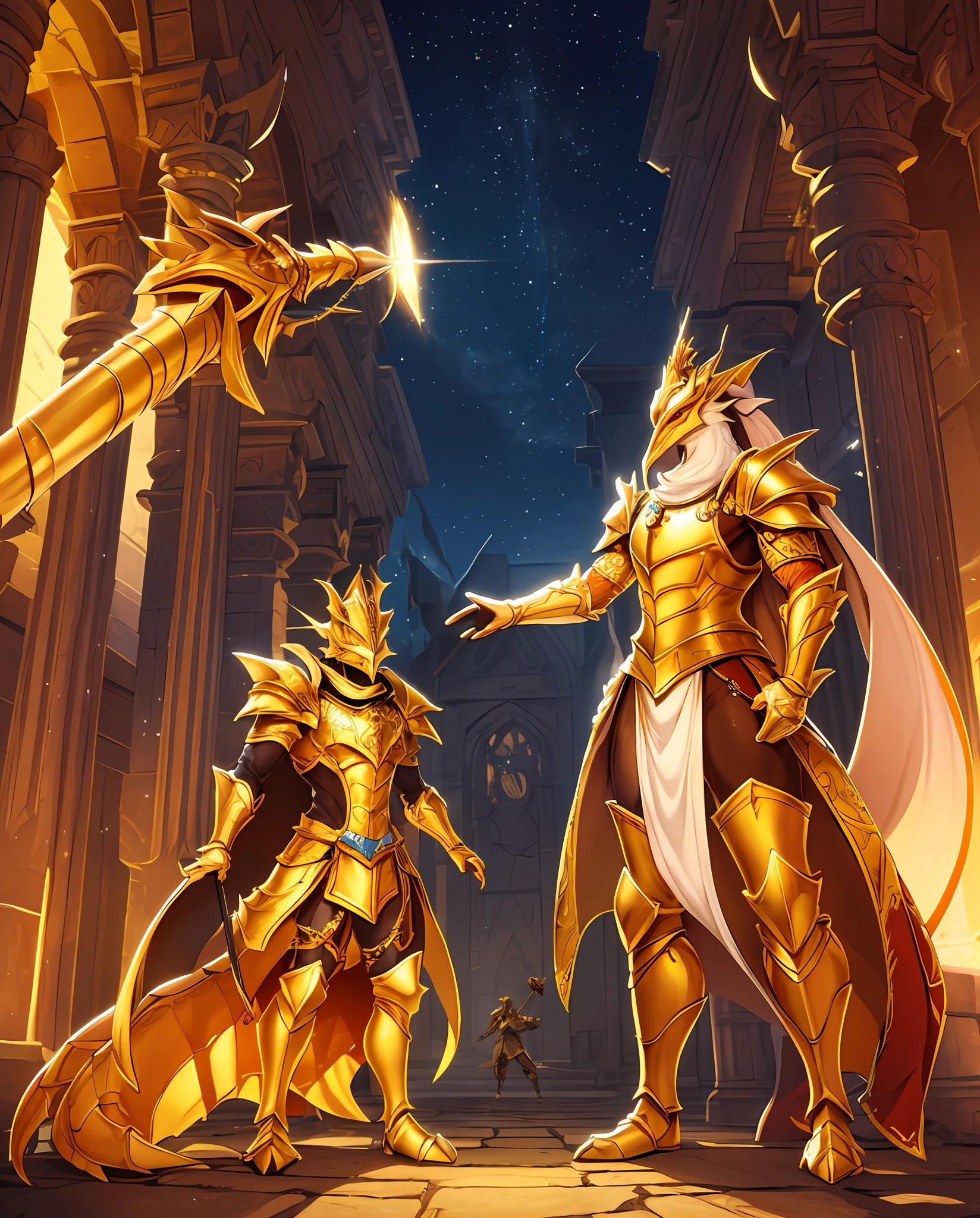 Anthropomorphic Lizard, white scales, whute and gold chess knight armor, taur, orange silky tail, gold and orange knight helm, giant white needle cannon with gold, masterpiece, best quality