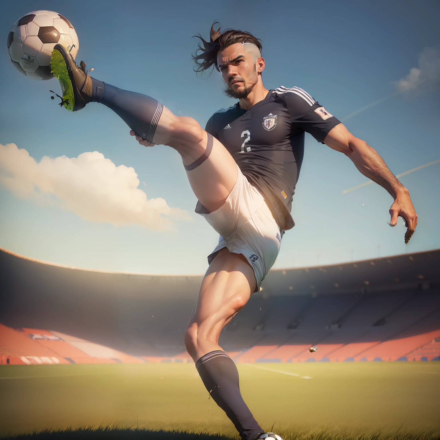 (a man kicking a soccer ball on a field:1.5) | (stock photo by Ben Enwonwu:1.2) | (fantastic realism:1.1) | (stockphoto:1.2) | (behance hd:1.1)