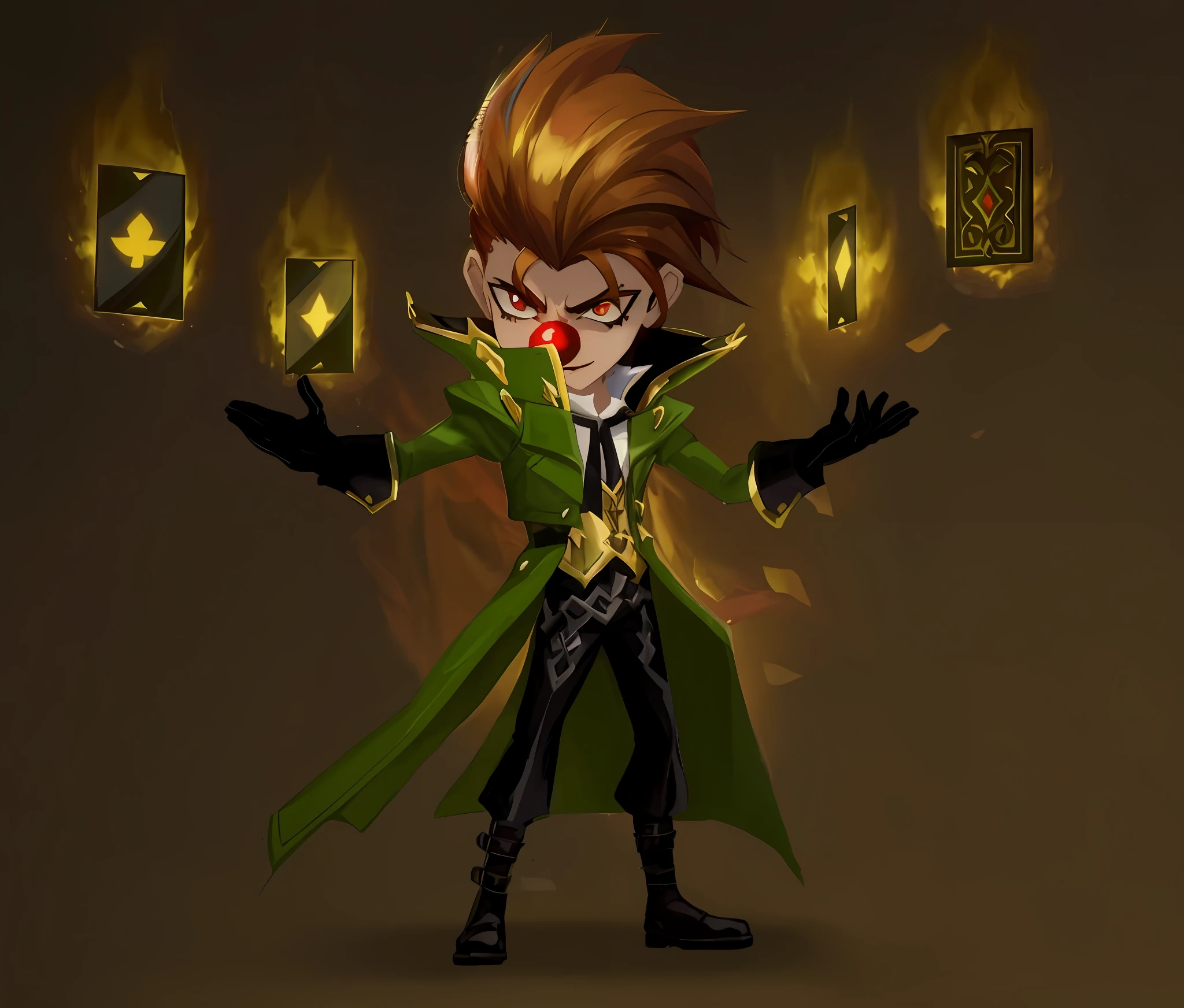 Close-up of a cartoon character with a green coat and red nose, Conception du personnage Demon Noble, Advanced Digital Chibi Art, Art des personnages de Maple Story, Evil male wizard, Chibi, Lancer un sort de feu, Dapper Dream Demon, Pose of the villain, inspired by Luigi Kasimir, Partie Brando, Style League of Legends, evil wizard, cast an evil spell