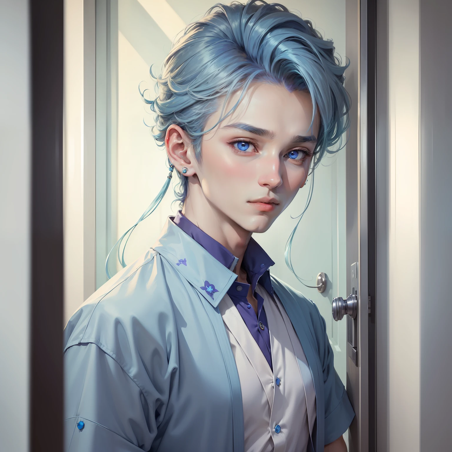 ((Masterpiece)), (Best quality), Ultra-detailed, A high resolution, super-fine, A high resolution, 8K wallpaper, 4K,lightblue hair，(((A boy 1.3)))，Blue earrings，a purple eye，Short sleeve shirt white，Being in the room，Half-body close-up，looks into camera