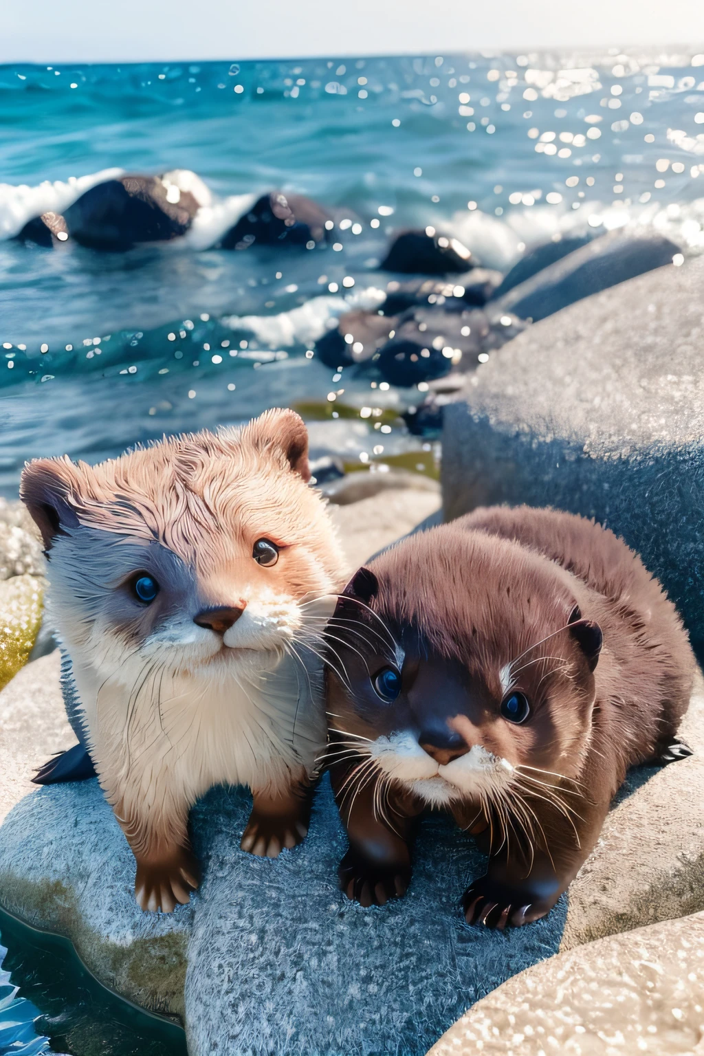 Little otter, (Himalayan), (small)))), On the rocks by the sea, the face, Front paws extended, 8K, profesional photo, delicated, Pubic area is clear, sandbeach, rays of sunshine, light leaks, tmasterpiece, ((prette))), (Realistis), plushies,closeup cleavage,Fisheye camera。