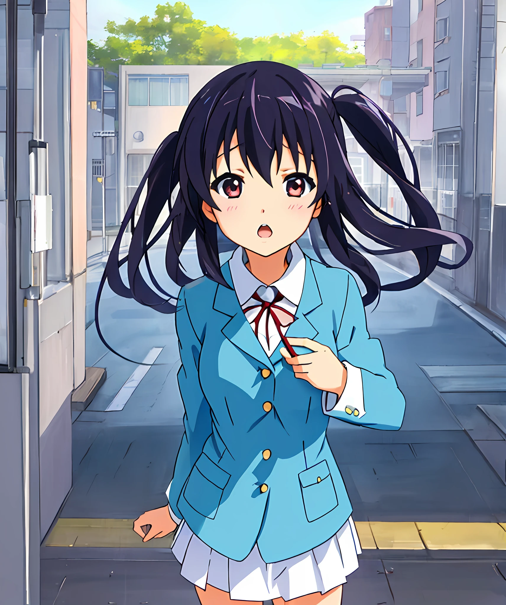 1girl, (((masterpiece))), top-quality, top-quality, High Details, nakano azusa, 1girl, Sakuragaoka High School Uniform, student clothes, Twin-tailed, length hair, A dark-haired, brown-eyed, 独奏, reddish, Dark blue blazer with thin red ribbon, Solid white buttoned shirt under blazer, illustratio, comic strip, soothing tones, Subdued Color, Soft cinematic light, adobe lightroom, photolab, HDR, intricately and hyper-detailed、(((depth of fields))))。(((masterpiece)))。(((top-quality))).)((ultra-detailliert)))。(((illustratio)))。(((takeout))).dynamic focus.small breasts.(((Skyscrapers))).(((A city scape))).(((Face of sadness))). open mouth.(((fighting stance))).(((up chest))).