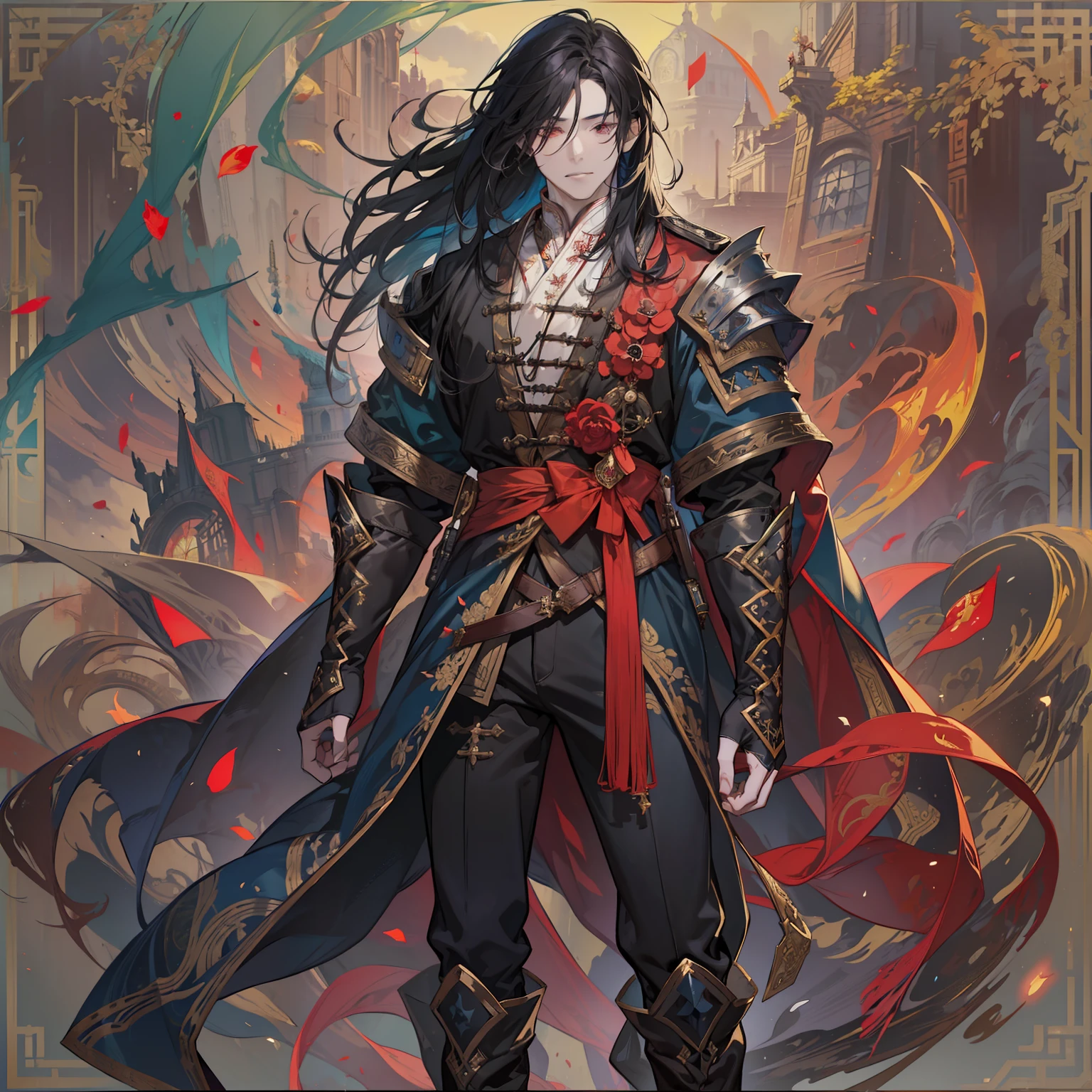1 boy, solo, dark hair, black hair, long hair, red eyes, shirt, high boots, Lightweight clothing, medieval theme, looking at viewer, man, colorful magic wrap, HD, rich color, detail, light, masterpiece, masterpiece, fantasy art, beautiful painting, guwaika style, epic exquisite character art, stunning characters, strong man (reference sheet:1.5)