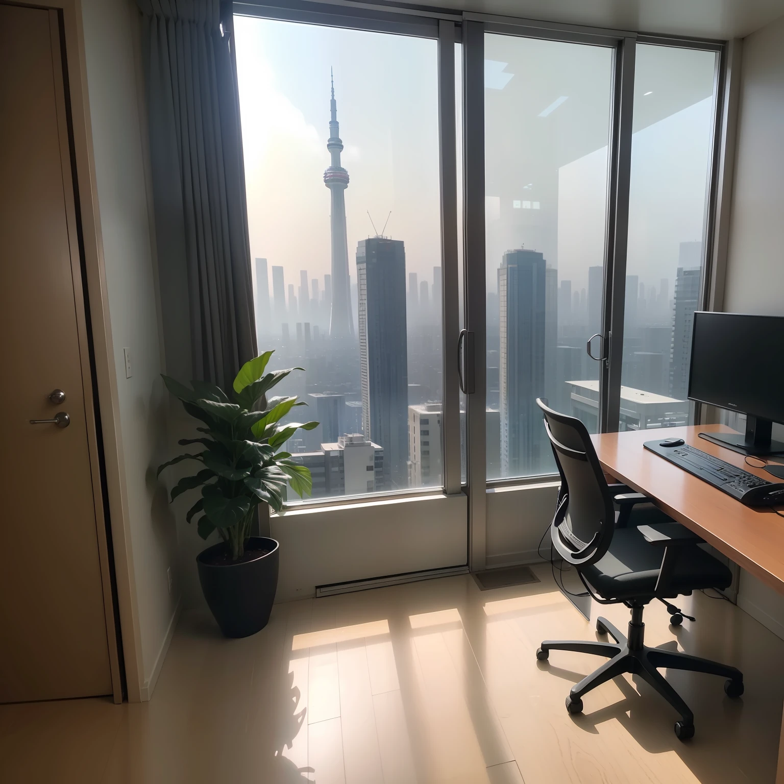 Part of a high-rise condominium overlooking Tokyo Skytree。There are multiple computer monitors in the table.。My job is a successful stock trader。Time is morning。houseplant。A high-end clock is randomly placed on the table。A backpack for mountaineering is on the floor。