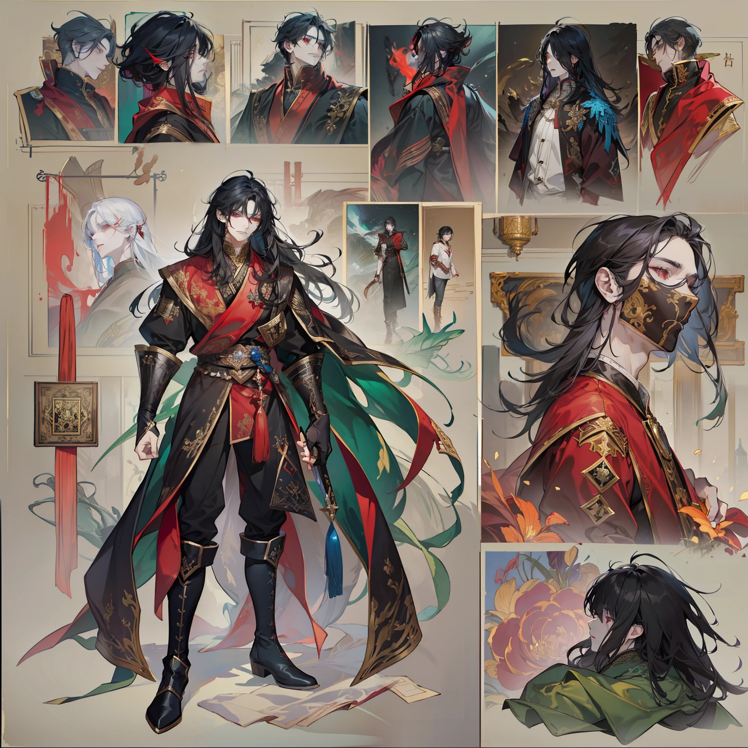 1 boy, solo, dark hair, black hair, long hair, red eyes, shirt, high boots, Lightweight clothing, medieval theme, looking at viewer, man, colorful magic wrap, HD, rich color, detail, light, masterpiece, masterpiece, fantasy art, beautiful painting, guwaika style, epic exquisite character art, stunning characters, strong man (reference sheet:1.5)