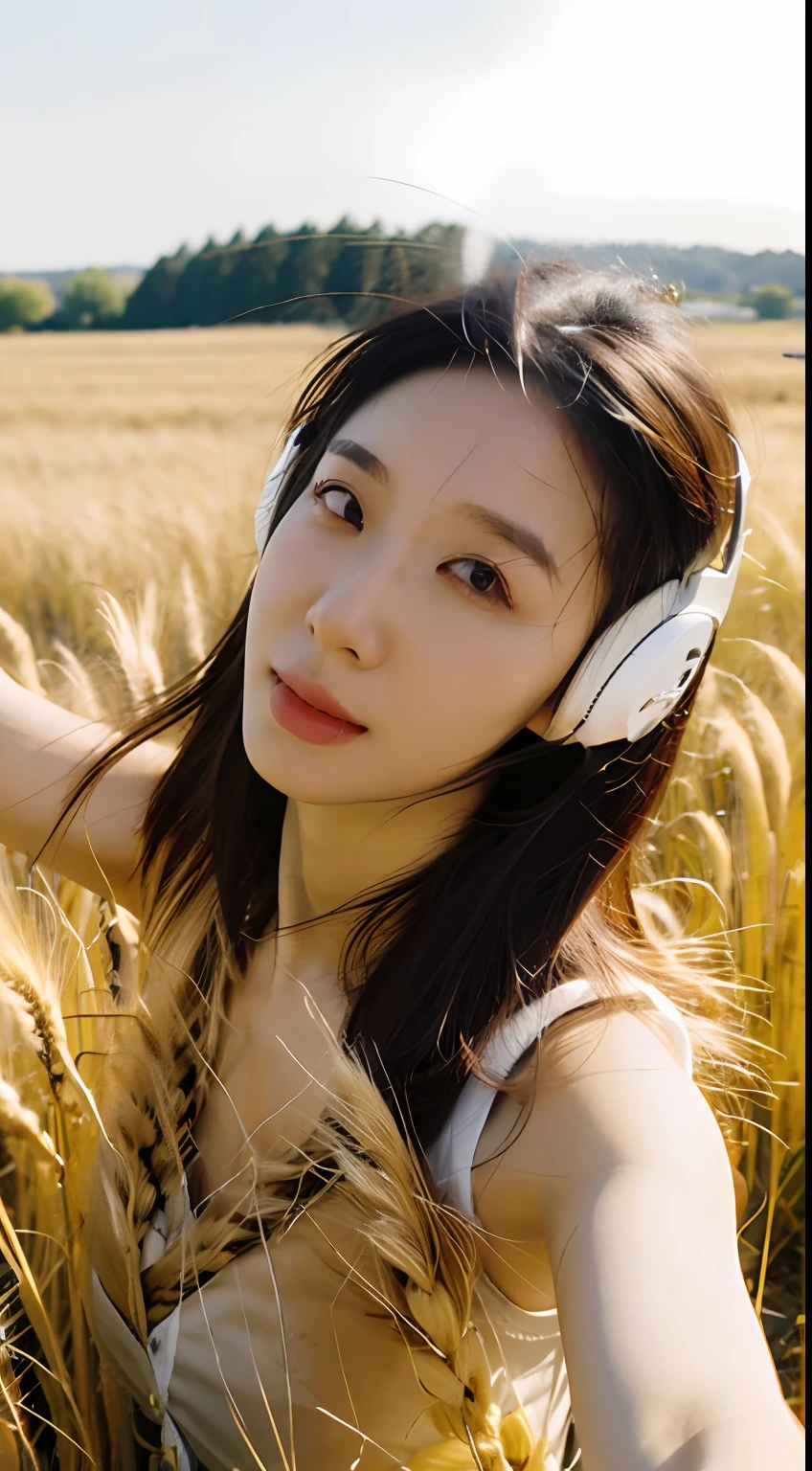 Best quality, masterpiece, super high resolution, (realistic: 1.4), original photo, head photo, skin, simple background, black eyes, detail, selfie, 1 girl, headphones, wheat field, stretch body, enjoy