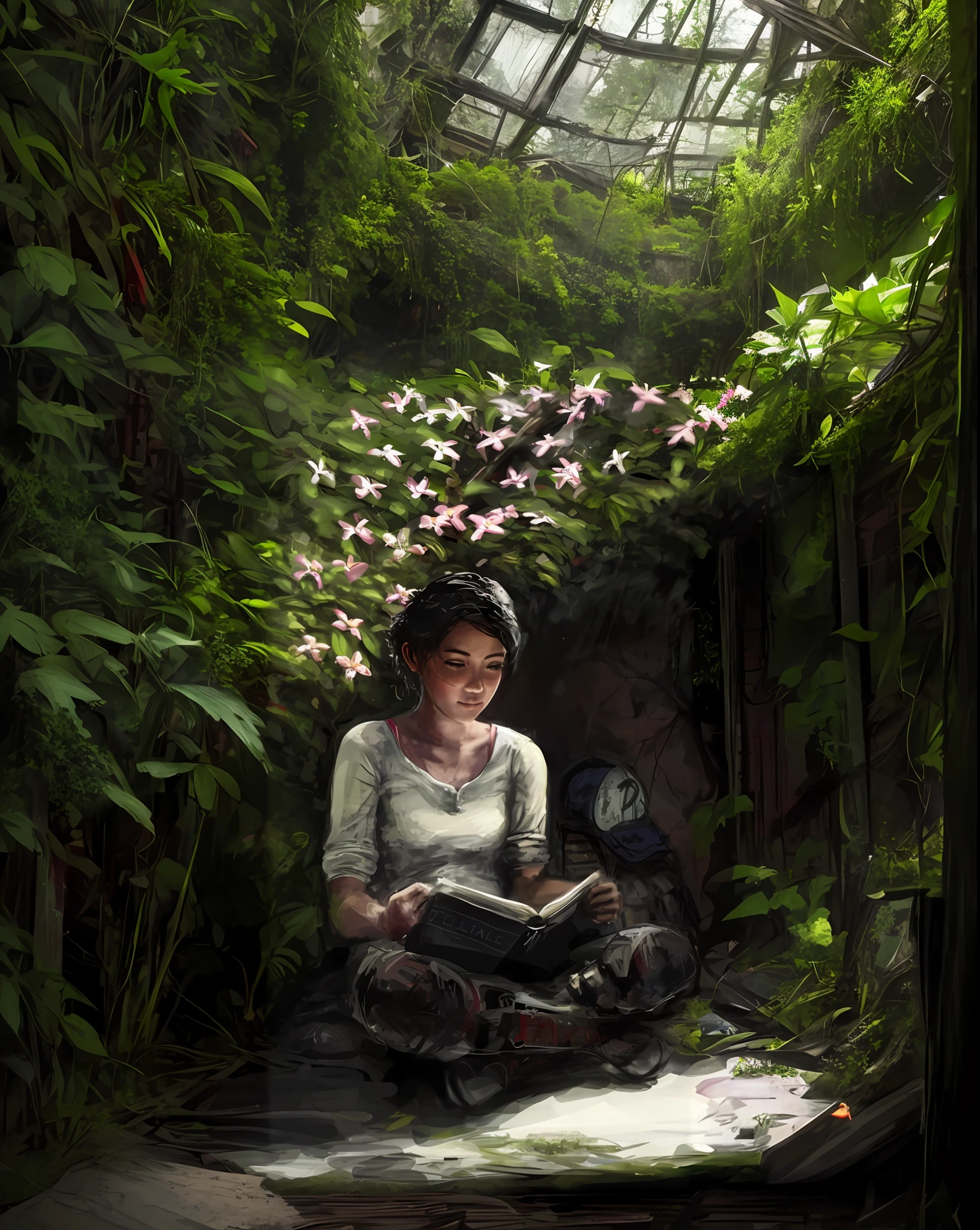 Overgrown building interior.