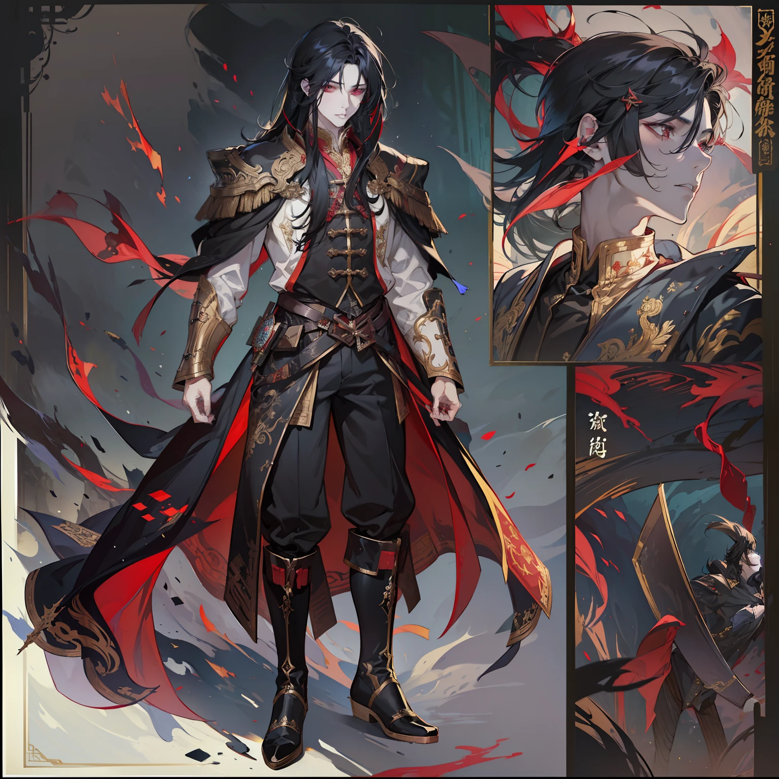 1 boy, solo, dark hair, black hair, long hair, red eyes, shirt, high boots, Lightweight clothing, medieval theme, looking at viewer, man, colorful magic wrap, HD, rich color, detail, light, masterpiece, masterpiece, fantasy art, beautiful painting, guwaika style, epic exquisite character art, stunning characters, strong man (reference sheet:1.5)
