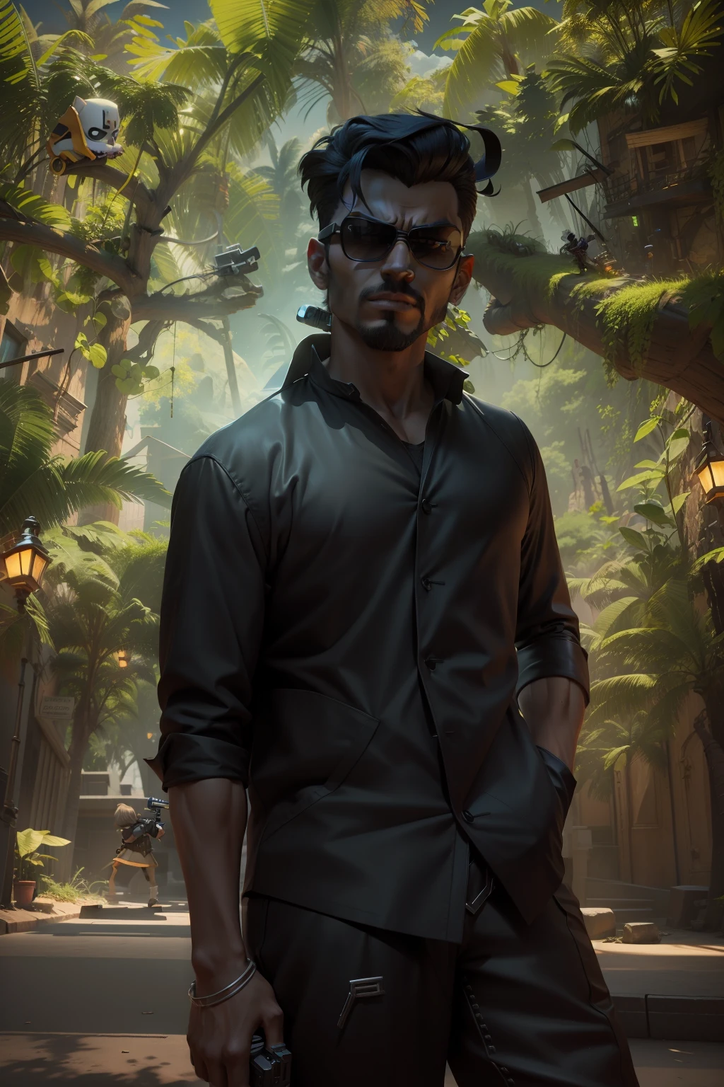 3d cartoon photo villain look holading gun in hand dark background with dope pose of character