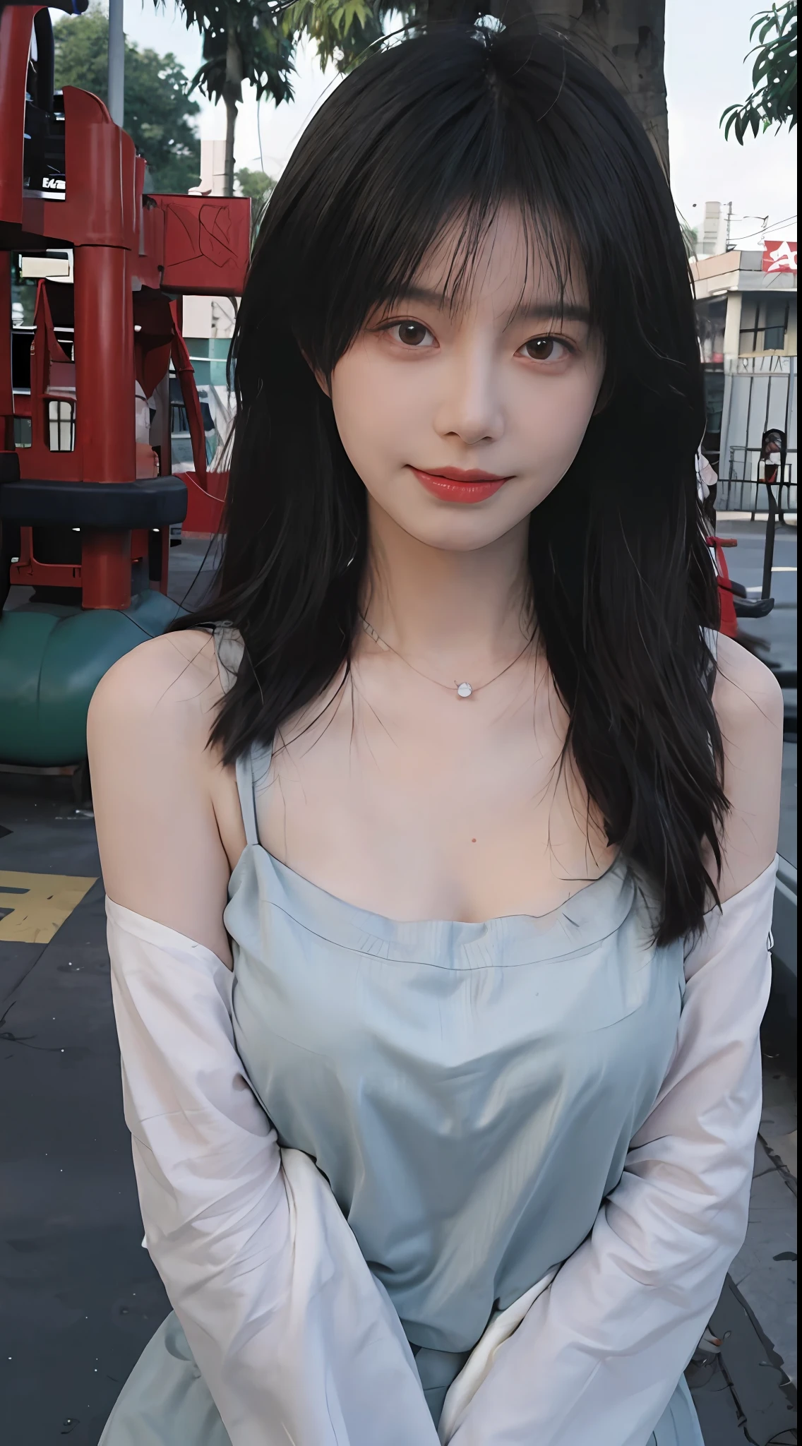 best qualtiy, 超高分辨率, (realisticlying:1.4), Baoyu Girl, Black long straight,A pair of clear and moving peach blossom eyes,Royal Sister,校服,sunshine on face,Scroll,(School playground:1.4),(choker necklace:1.2),(Fair skin:1.9),(full bodyesbian:1.2)a sense of atmosphere,a beauty girl, ssmile,head straight-looking at viewer, closeup cleavage ,(Photorealistic:1.4),1girll,Sexy,(Upper body:1.4),(Wet body),(:1.2)