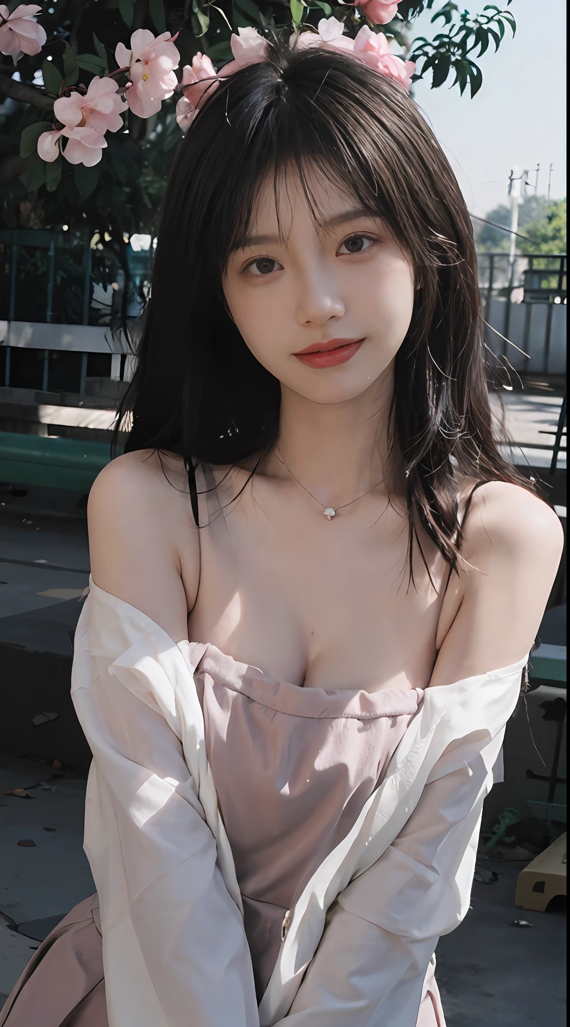 best qualtiy, 超高分辨率, (realisticlying:1.4), Baoyu Girl, Black long straight,A pair of clear and moving peach blossom eyes,Royal Sister,校服,sunshine on face,Scroll,(School playground:1.4),(choker necklace:1.2),(Fair skin:1.9),(full bodyesbian:1.2)a sense of atmosphere,a beauty girl, ssmile,head straight-looking at viewer, closeup cleavage ,(Photorealistic:1.4),1girll,Sexy,(Upper body:1.4),(Wet body),(:1.2)