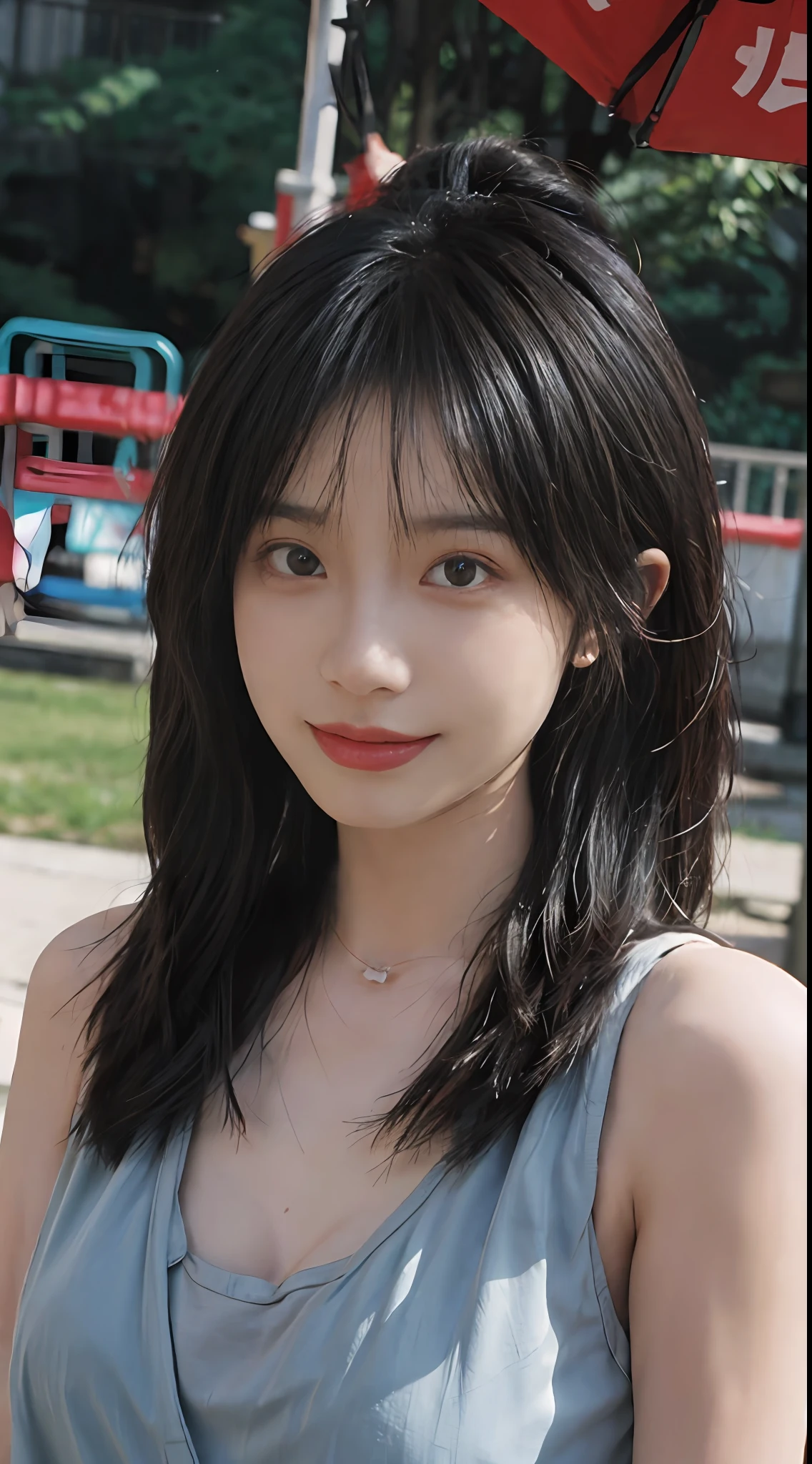 best qualtiy, 超高分辨率, (realisticlying:1.4), Baoyu Girl, Black long straight,A pair of clear and moving peach blossom eyes,Royal Sister,校服,sunshine on face,Scroll,(School playground:1.4),(choker necklace:1.2),(Fair skin:1.9),(full bodyesbian:1.2)a sense of atmosphere,a beauty girl, ssmile,head straight-looking at viewer, closeup cleavage ,(Photorealistic:1.4),1girll,Sexy,(Upper body:1.4),(Wet body),(:1.2)