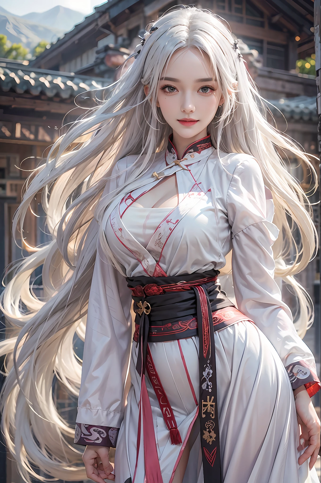 photorealistic, high resolution, 1women, solo, hips up, look at viewer, (detailed face), white hair, long hair, medium breasts, Taoist, smile
